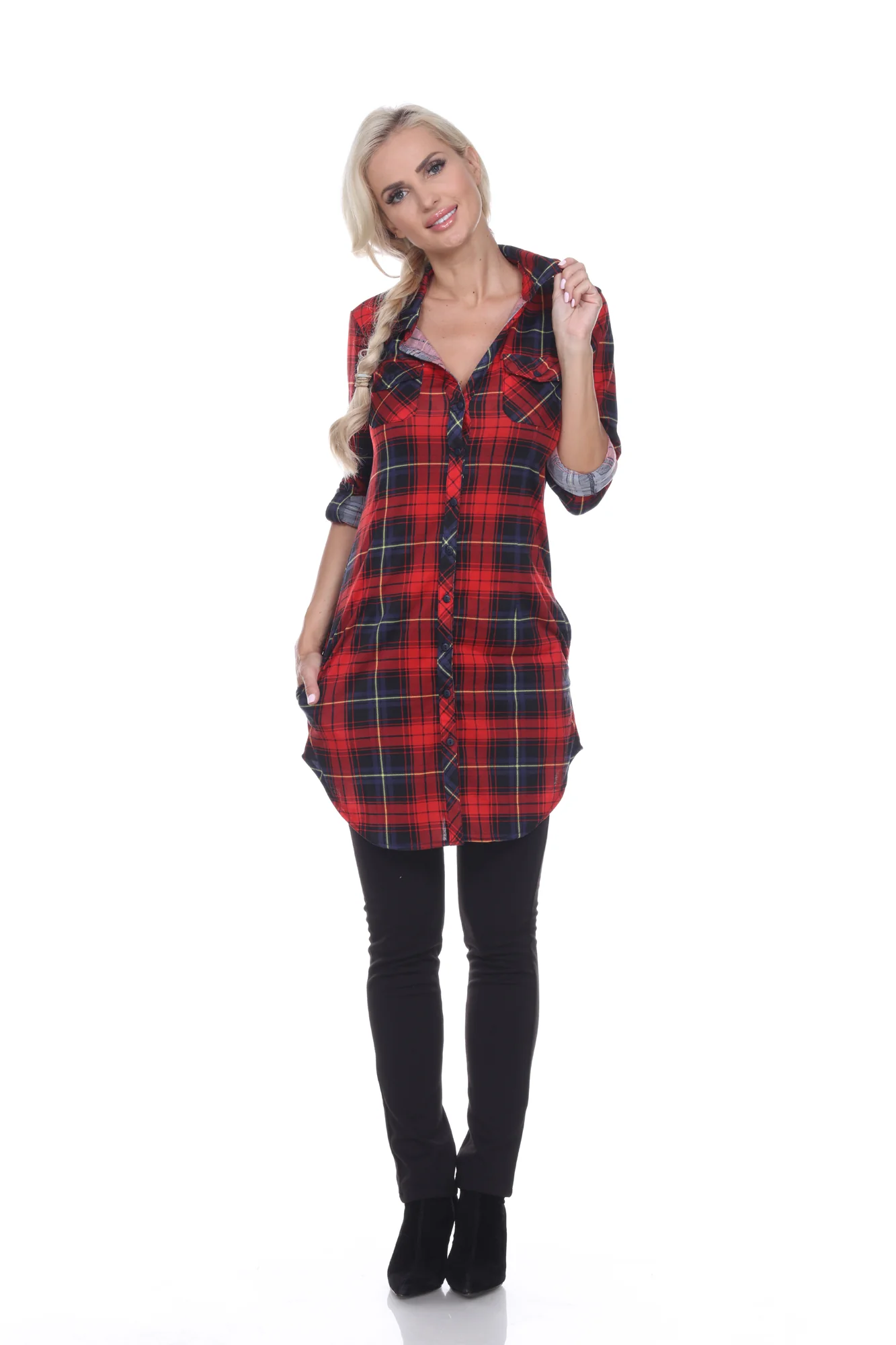 White Mark Women's Piper Stretch Plaid Rounded Hem Tunic Top - Image 3