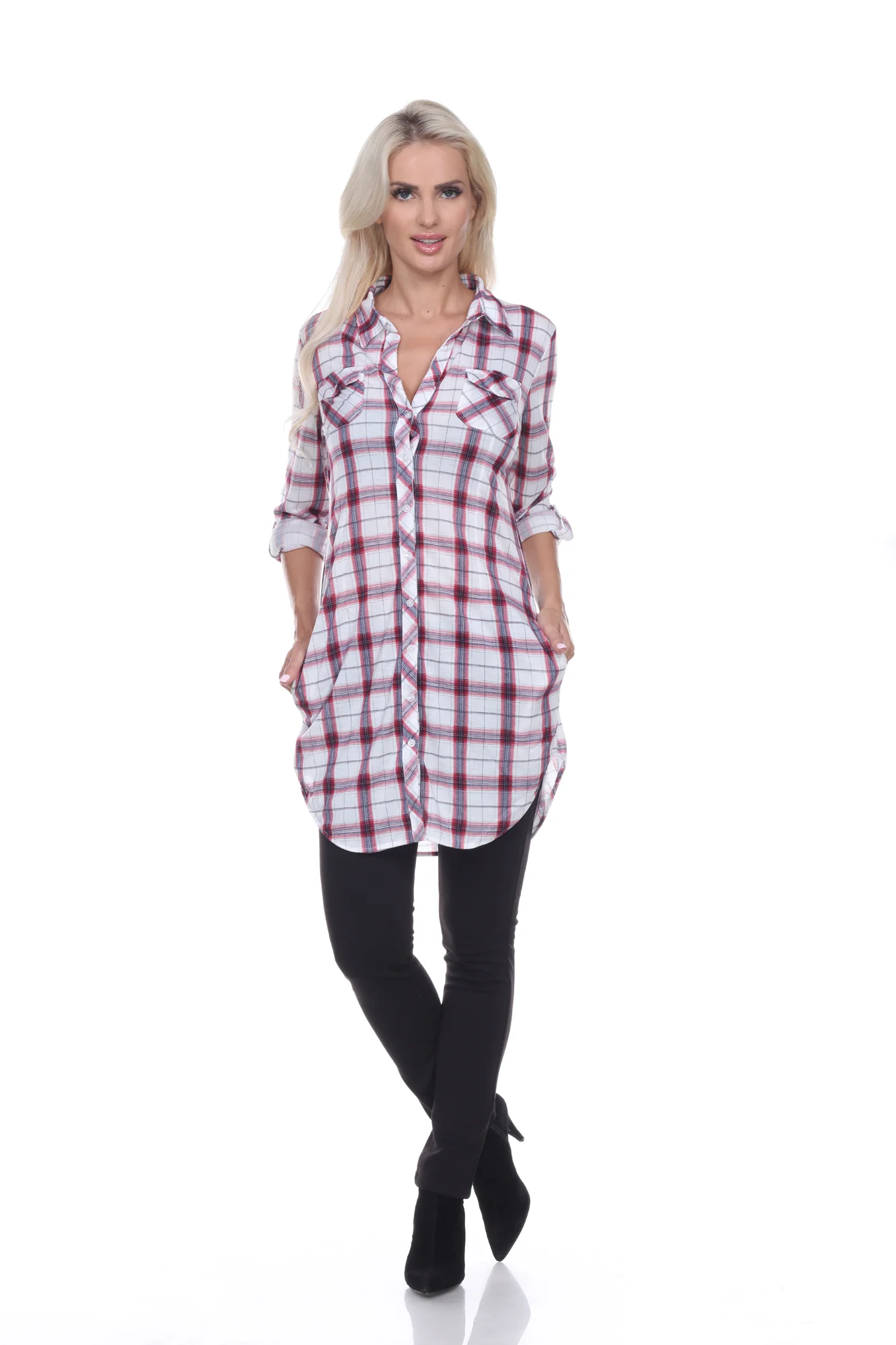 White Mark Women's Piper Stretch Plaid Rounded Hem Tunic Top - Image 5