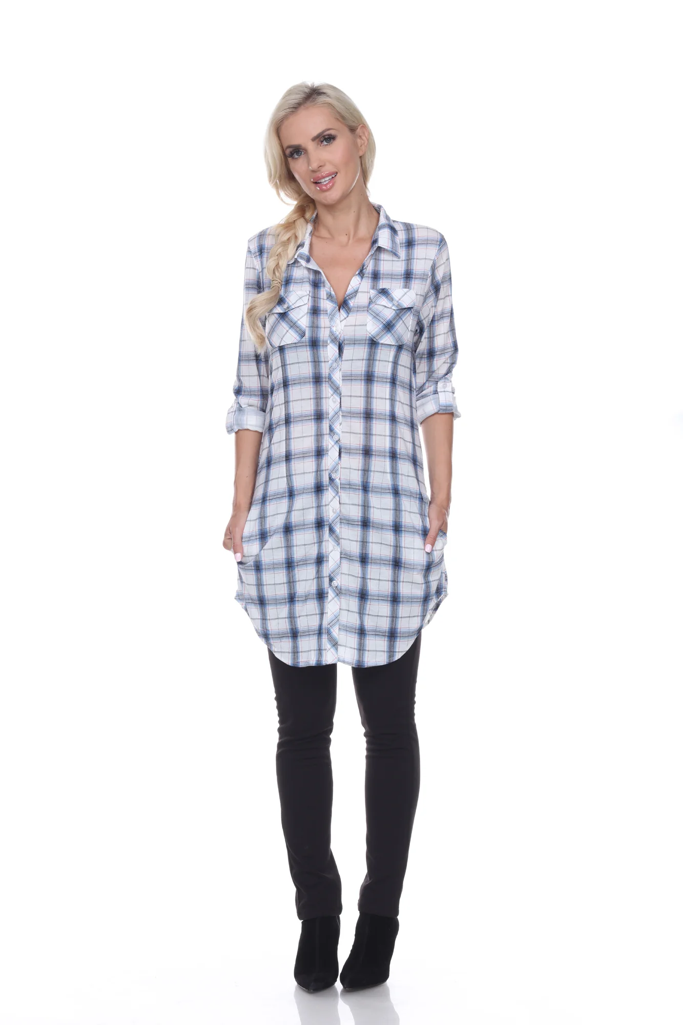White Mark Women's Piper Stretch Plaid Rounded Hem Tunic Top - Image 6