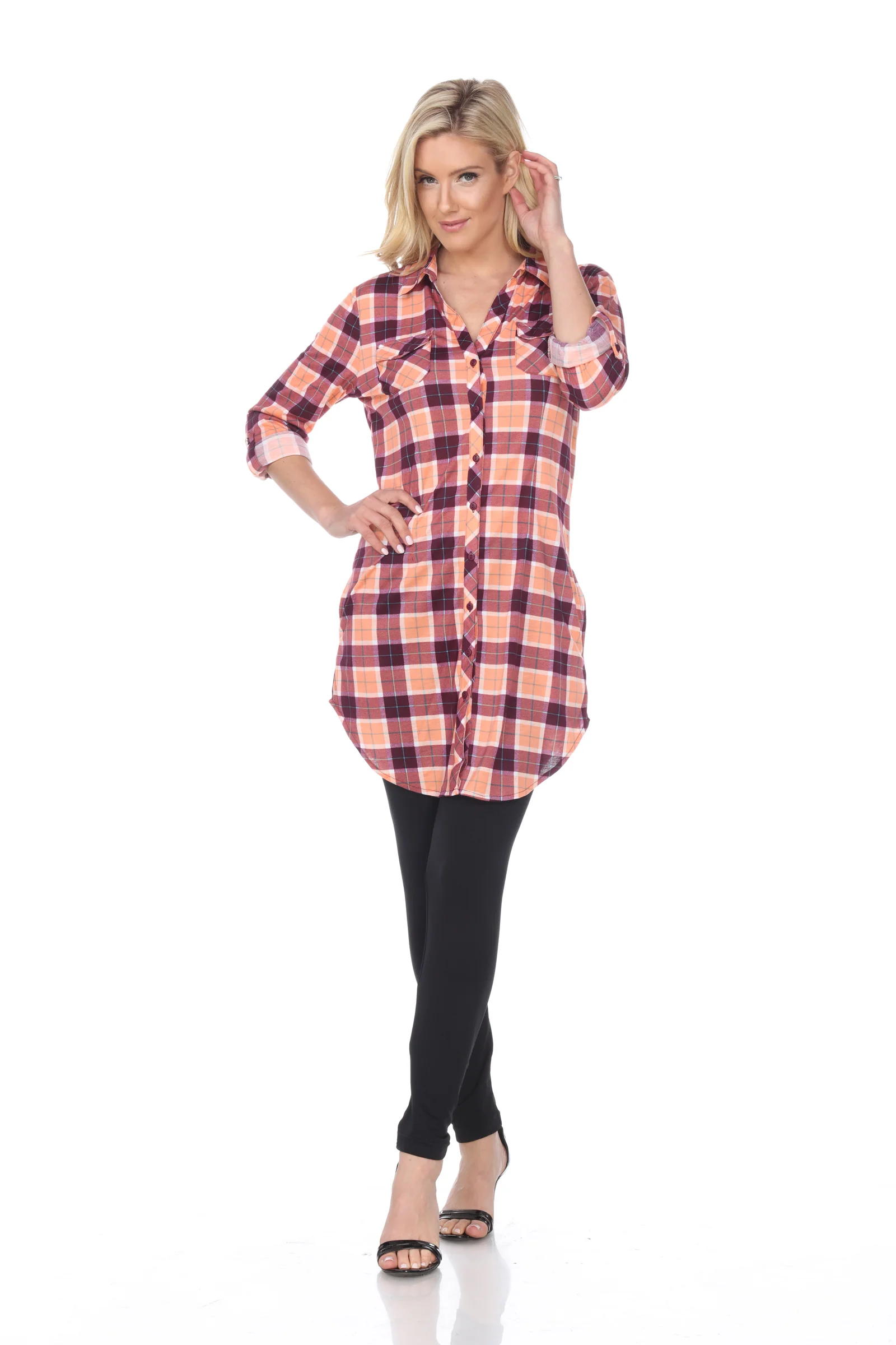White Mark Women's Piper Stretch Plaid Rounded Hem Tunic Top - Image 8