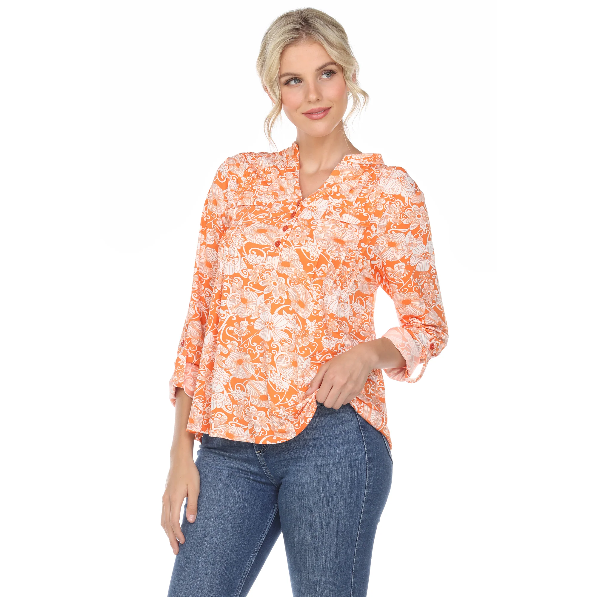 White Mark Women's Pleated Long Sleeve Floral Print Blouse - Image 3