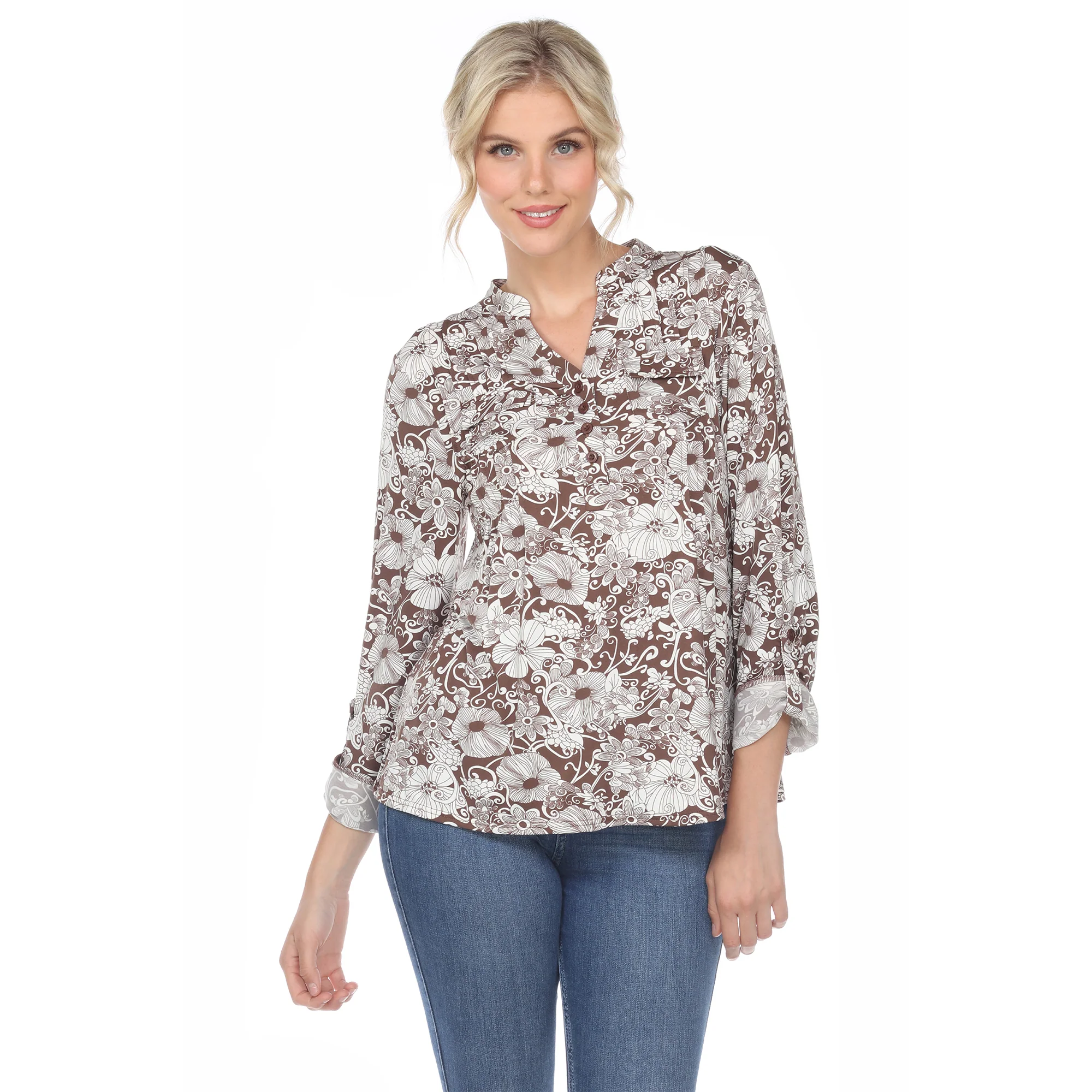 White Mark Women's Pleated Long Sleeve Floral Print Blouse - Image 4