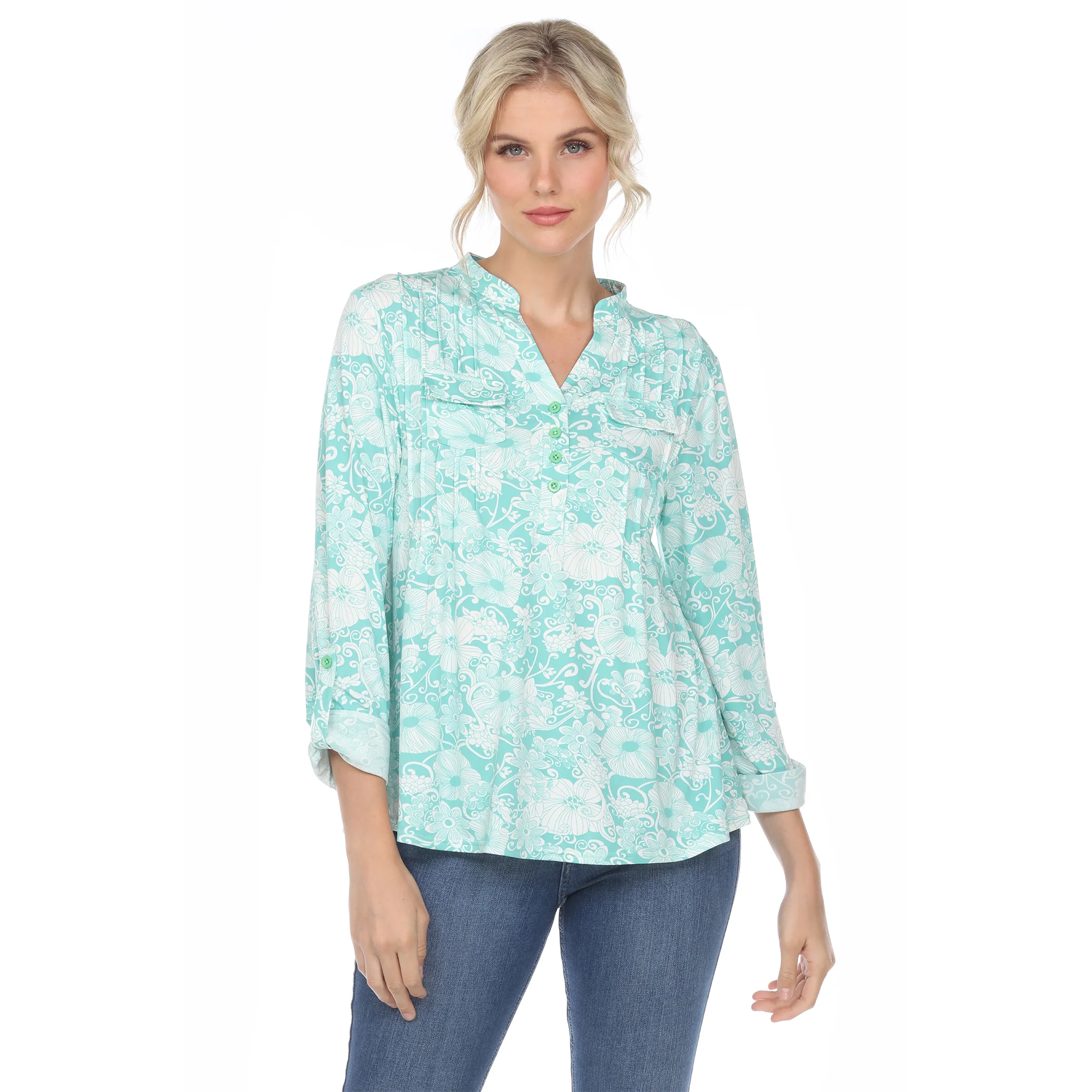 White Mark Women's Pleated Long Sleeve Floral Print Blouse - Image 5