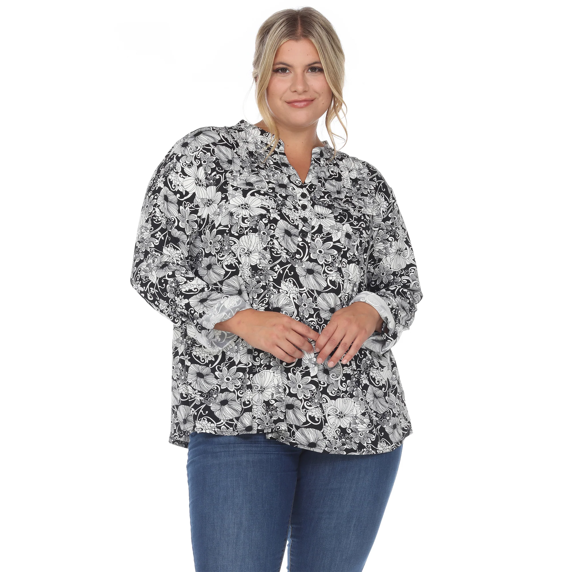 White Mark Women's Pleated Long Sleeve Floral Print Blouse - Image 6