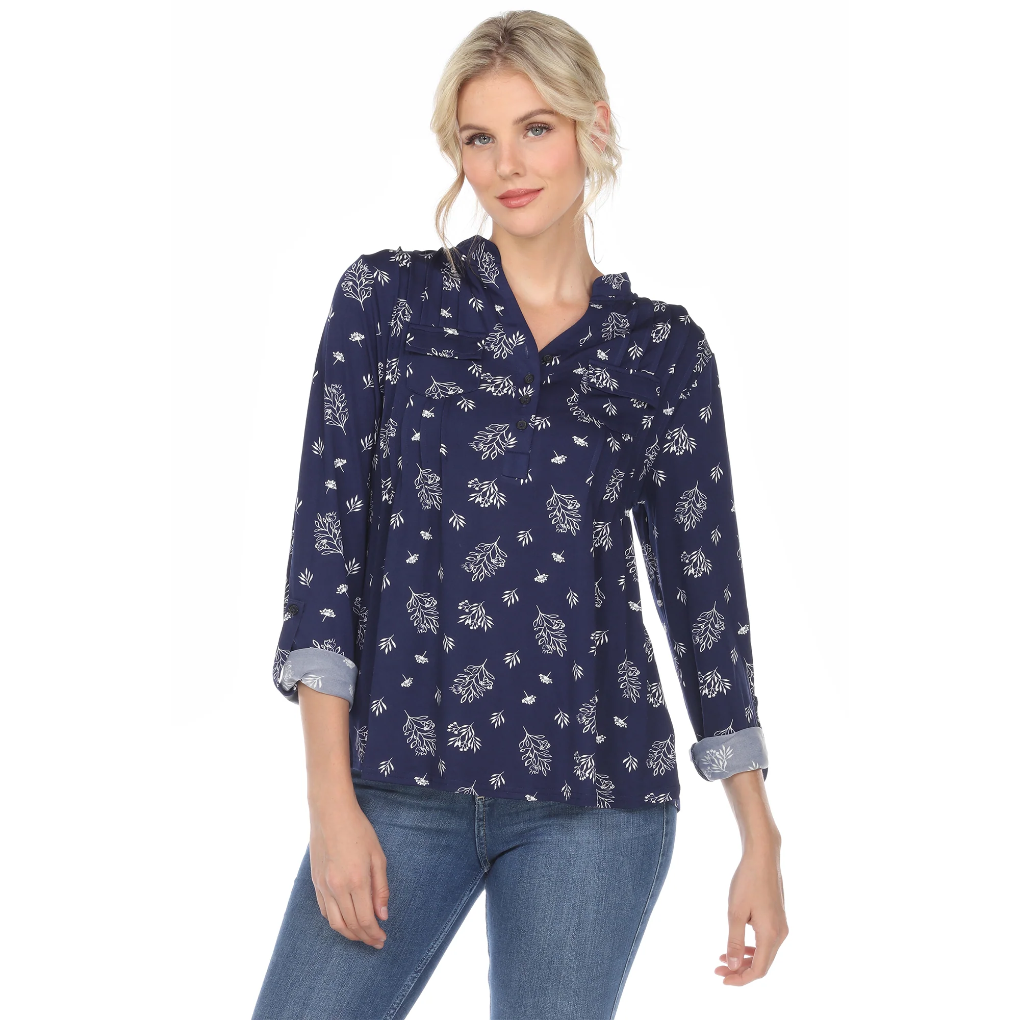 White Mark Women's Pleated Long Sleeve Leaf Print Blouse - Image 2