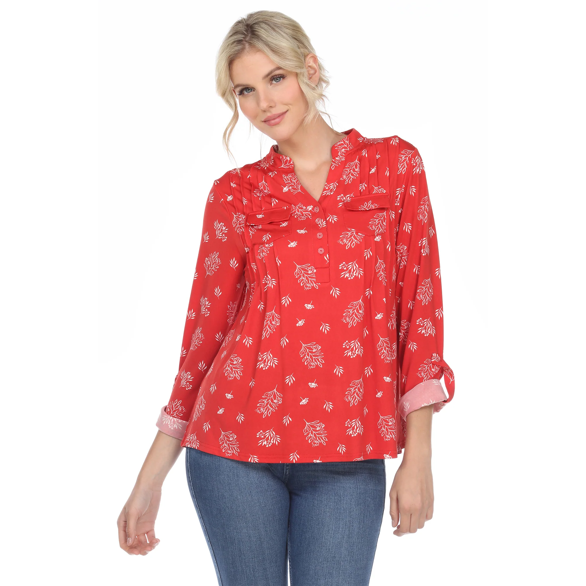 White Mark Women's Pleated Long Sleeve Leaf Print Blouse - Image 3