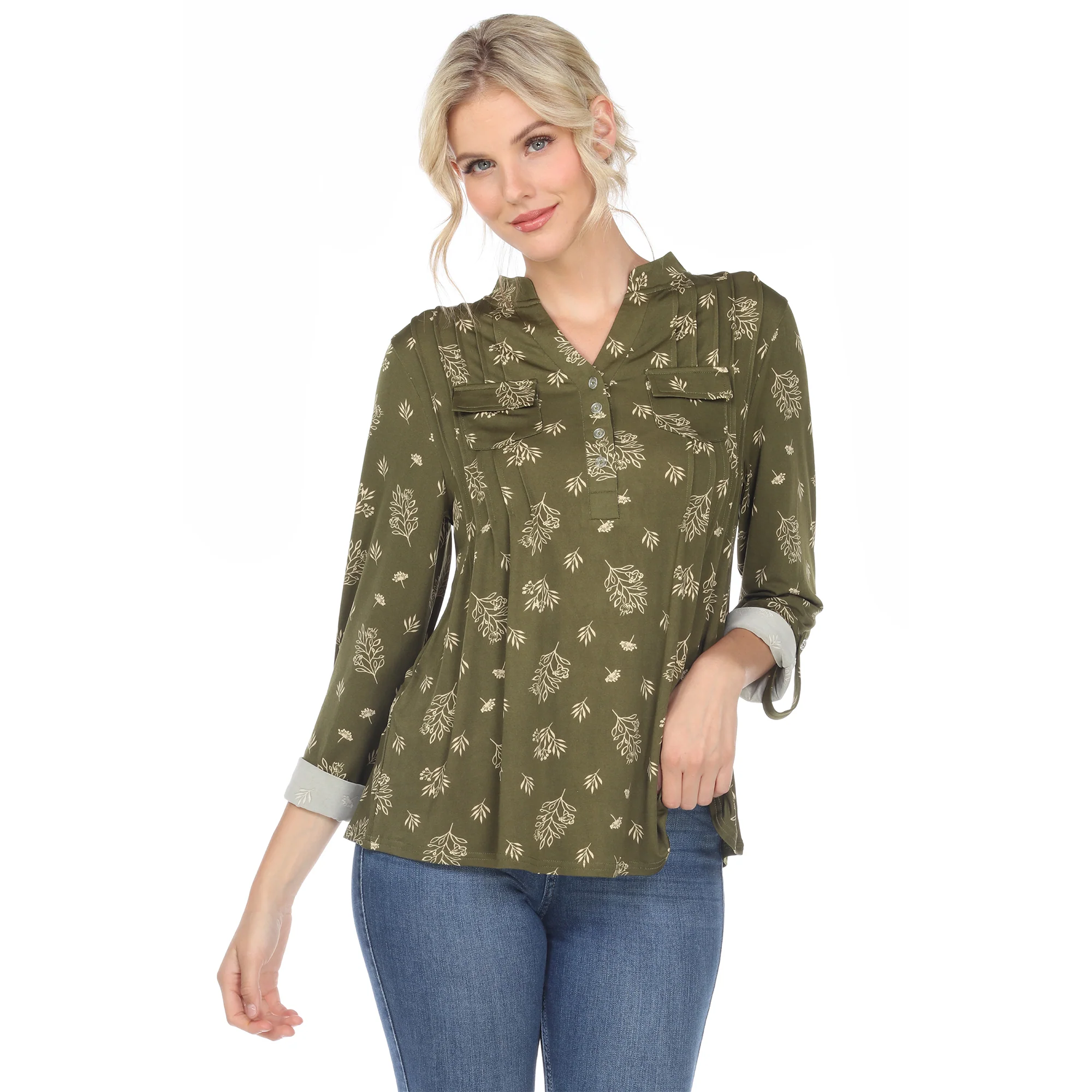White Mark Women's Pleated Long Sleeve Leaf Print Blouse - Image 4