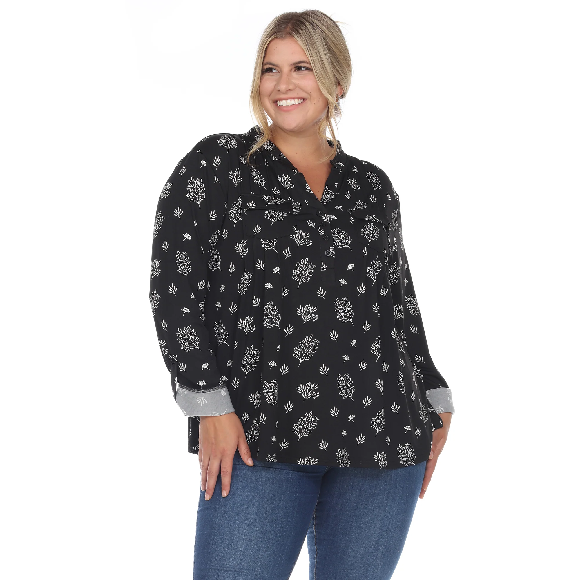 White Mark Women's Pleated Long Sleeve Leaf Print Blouse - Image 5