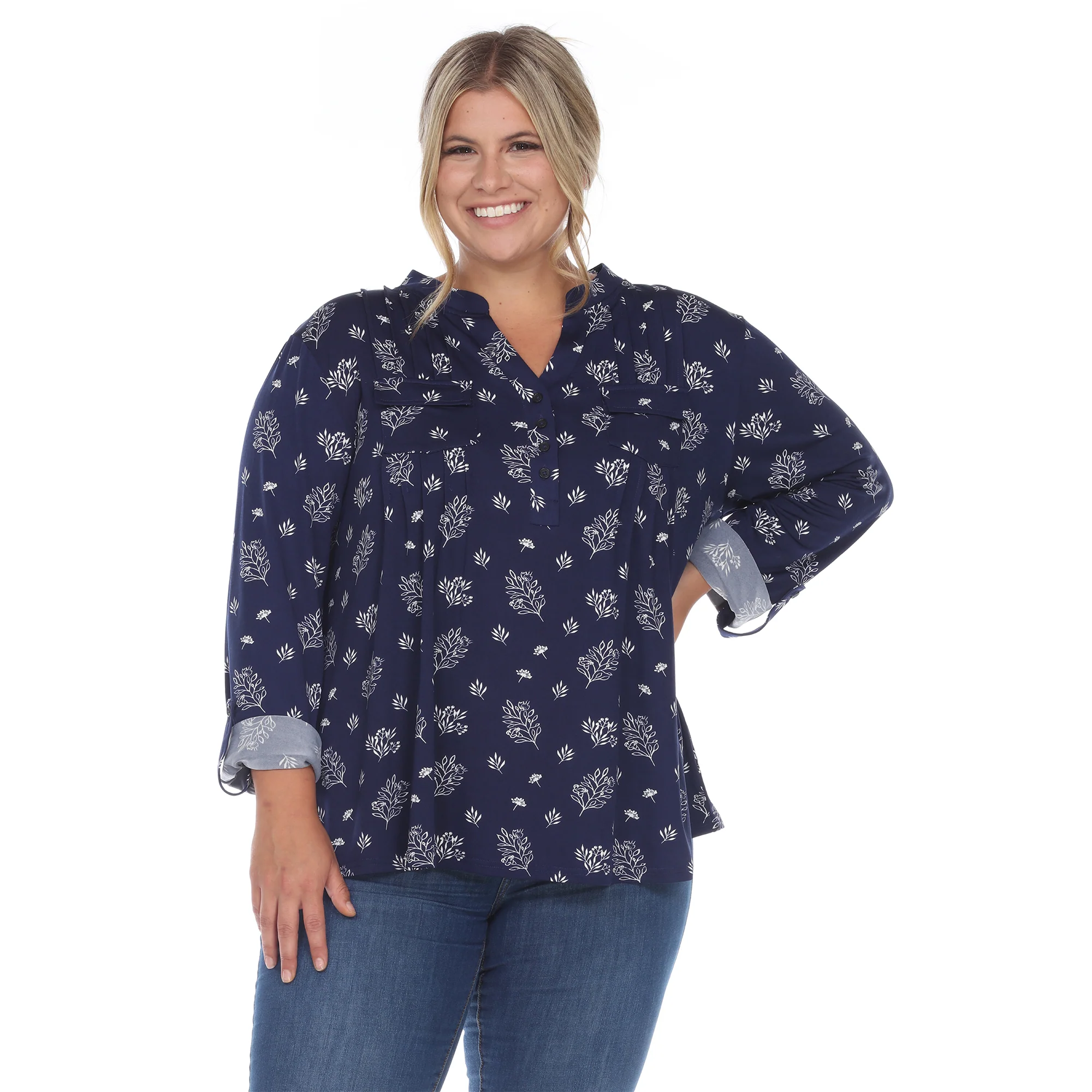White Mark Women's Pleated Long Sleeve Leaf Print Blouse - Image 6