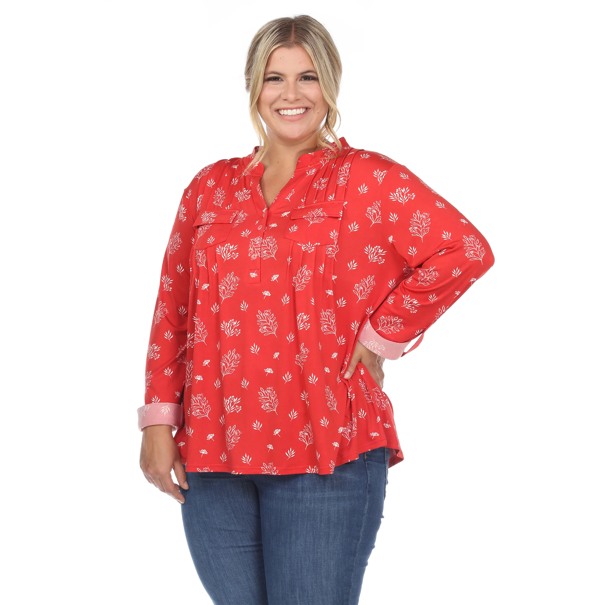 White Mark Women's Pleated Long Sleeve Leaf Print Blouse - Image 7