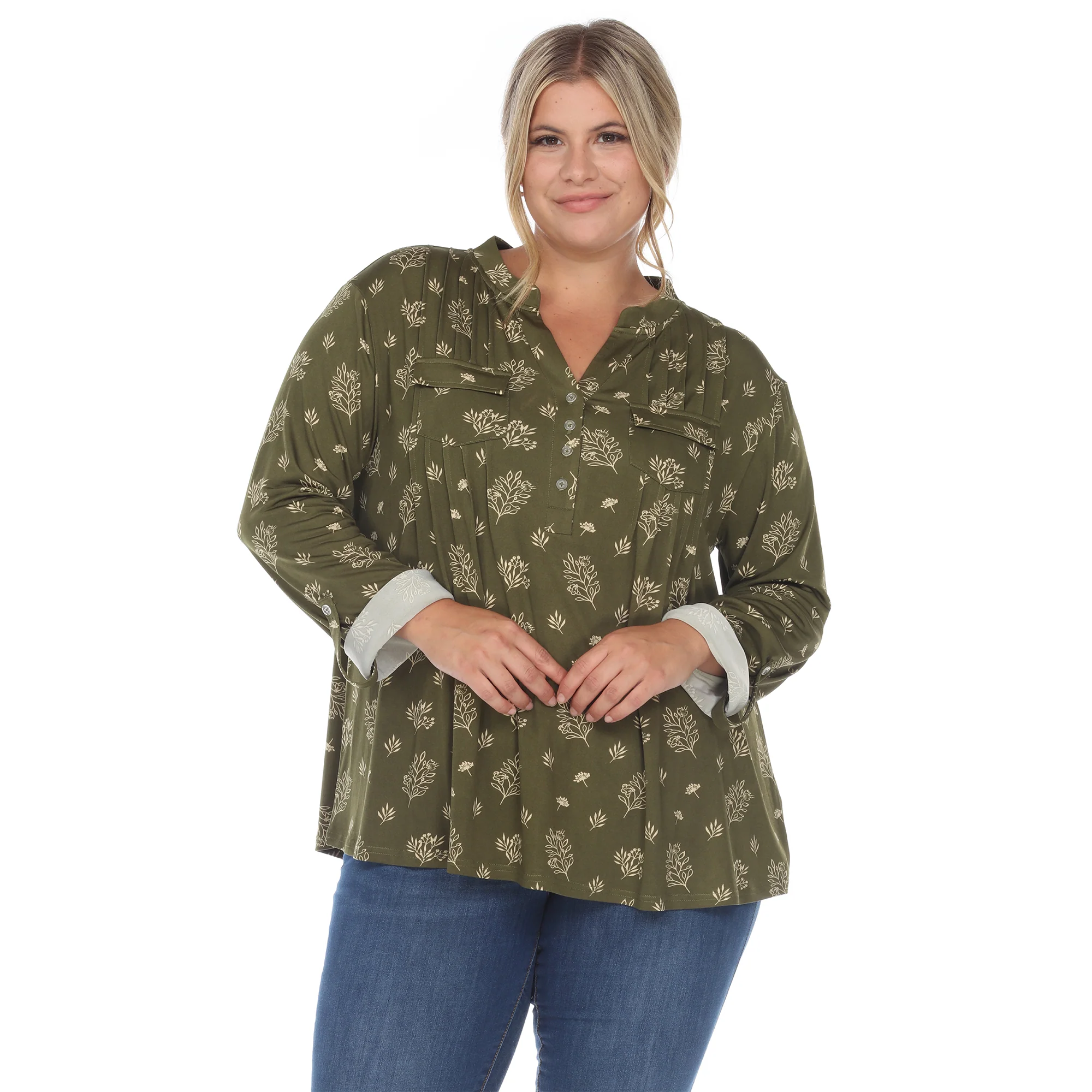White Mark Women's Pleated Long Sleeve Leaf Print Blouse - Image 8