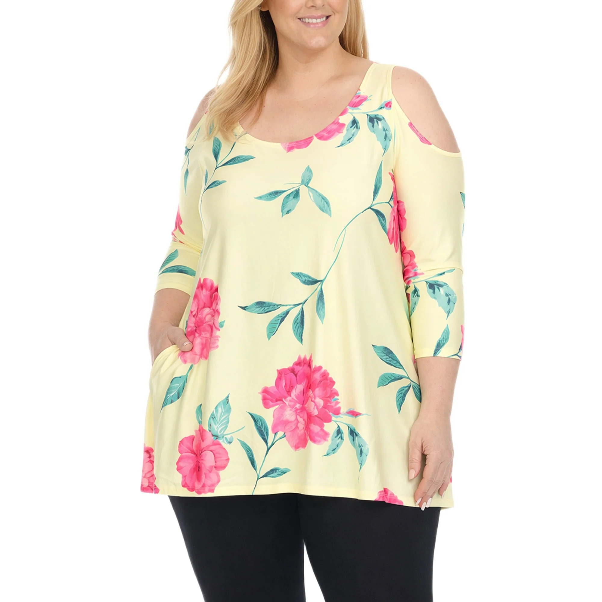White Mark Women's Plus Size Floral Cold Shoulder Knit Tunic Top - Image 2