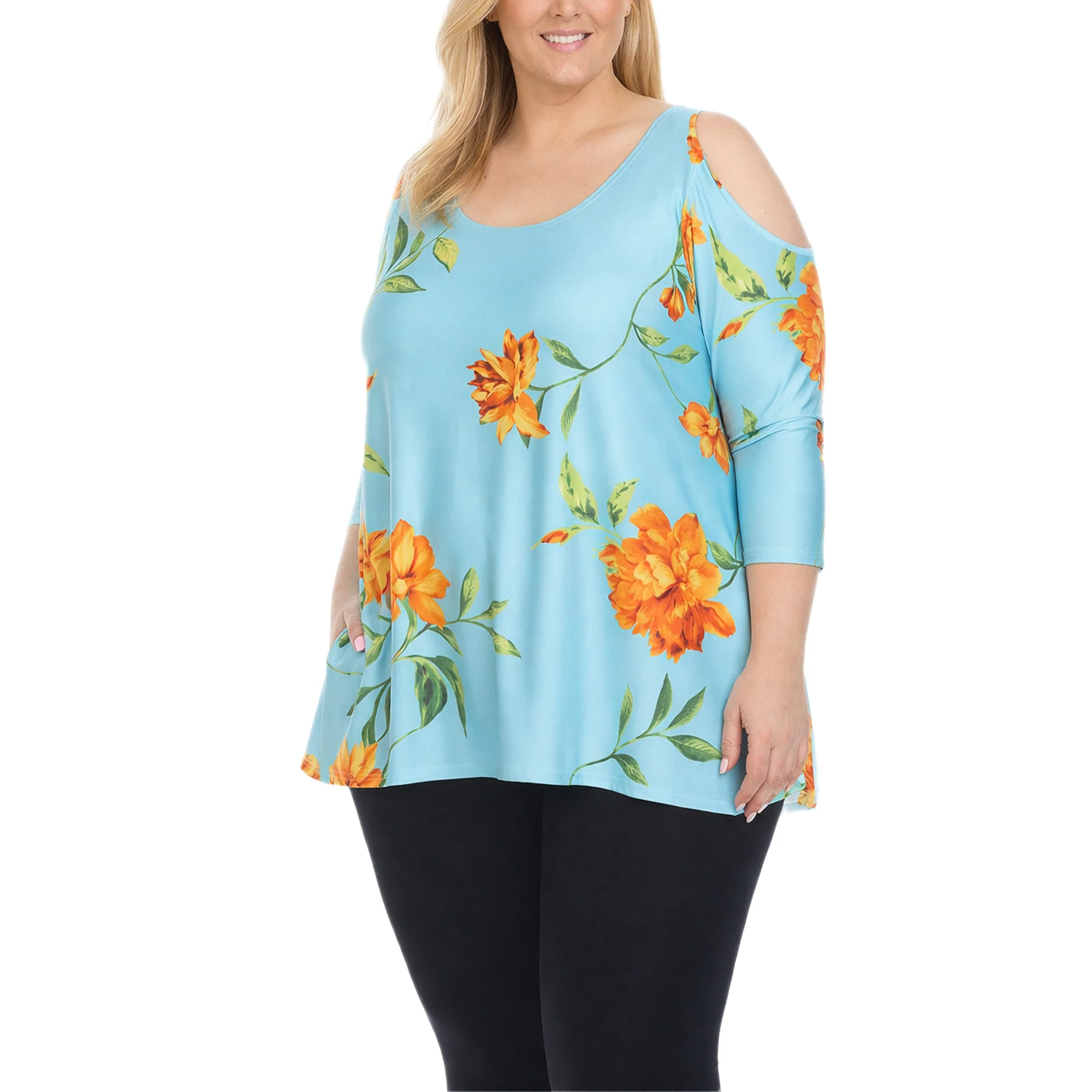 White Mark Women's Plus Size Floral Cold Shoulder Knit Tunic Top - Image 3