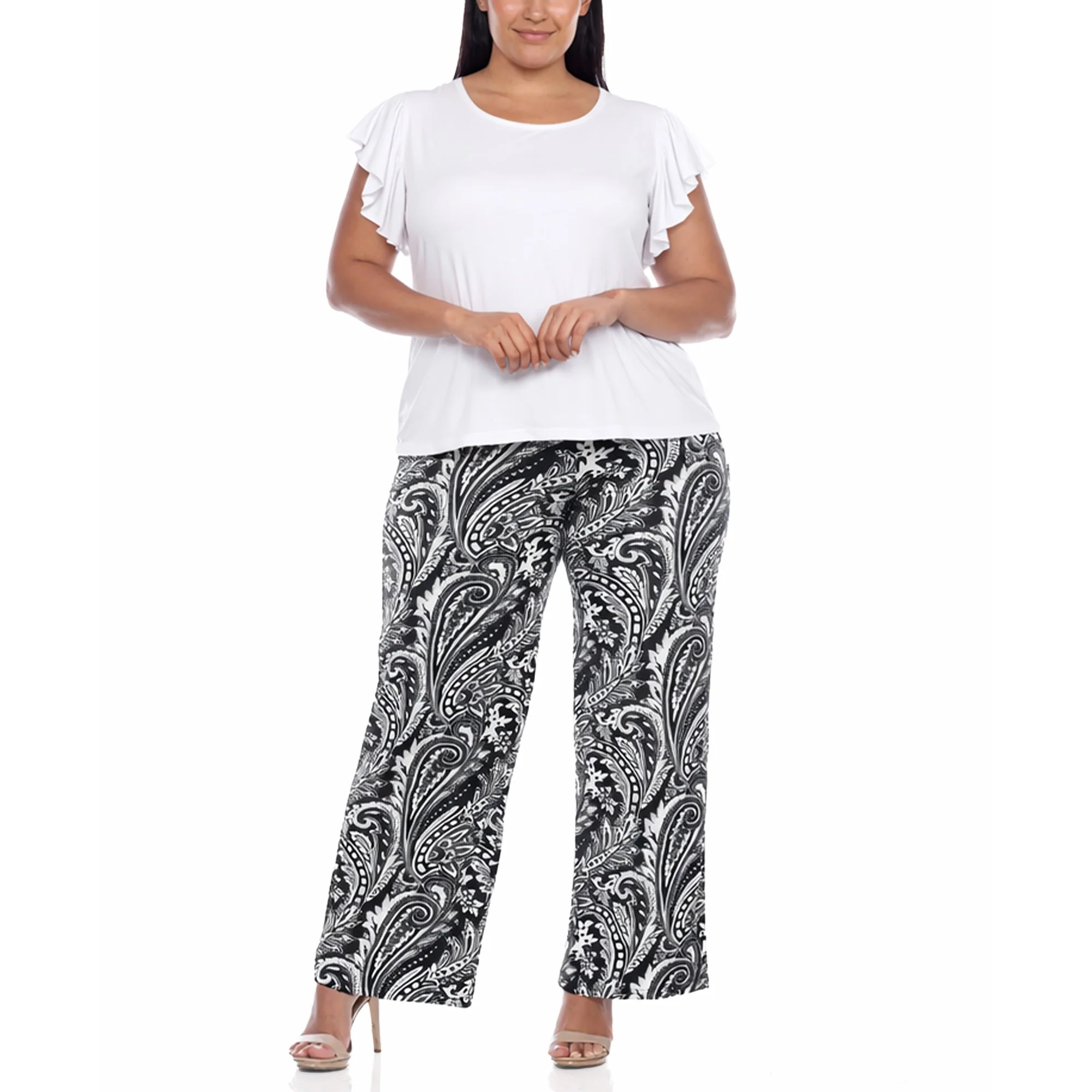 White Mark Women's Plus Size Ruffle Sleeve Top & Printed Pant Set - Image 2