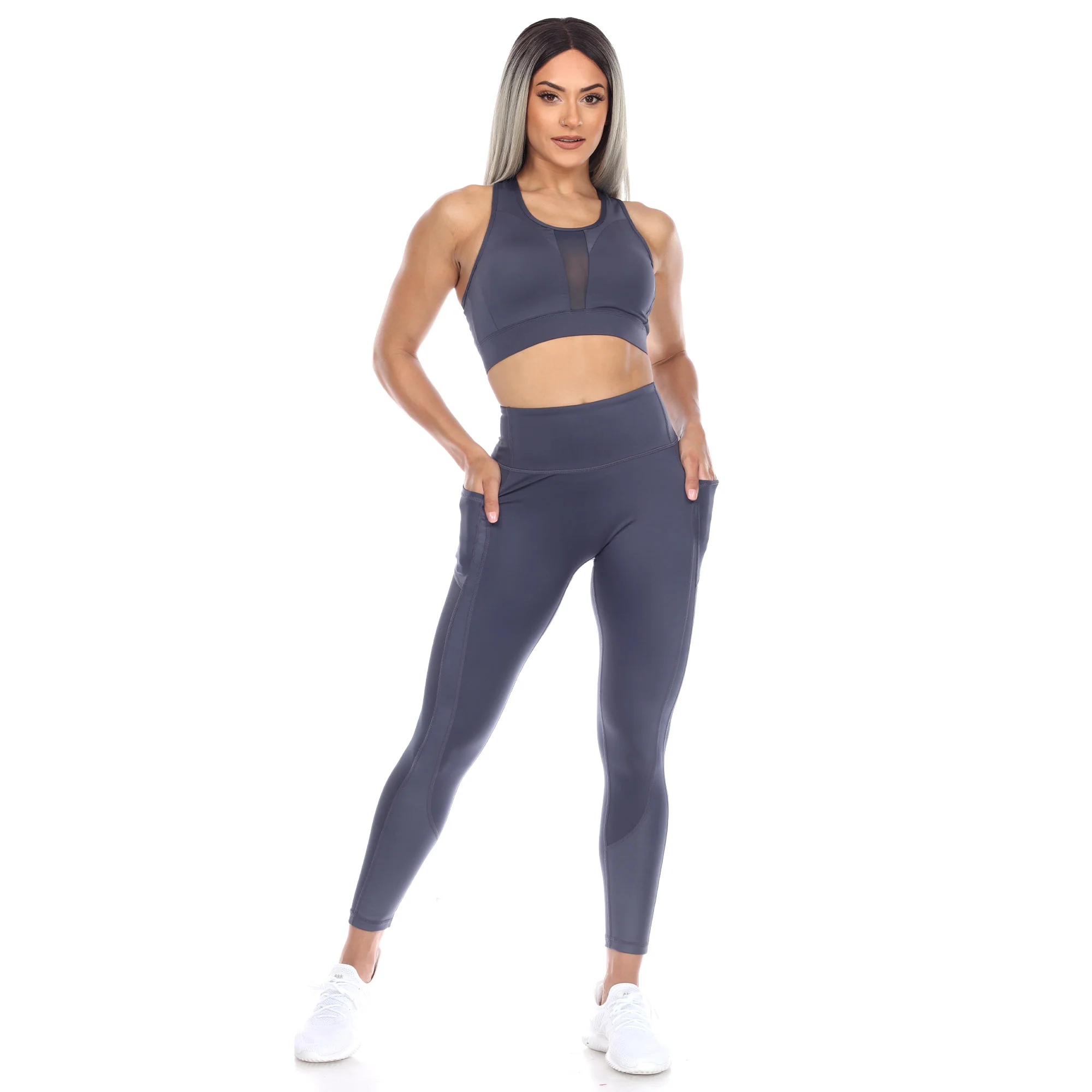 White Mark Women's Racer Back Sports Bra & Mesh Leggings Set - Image 3