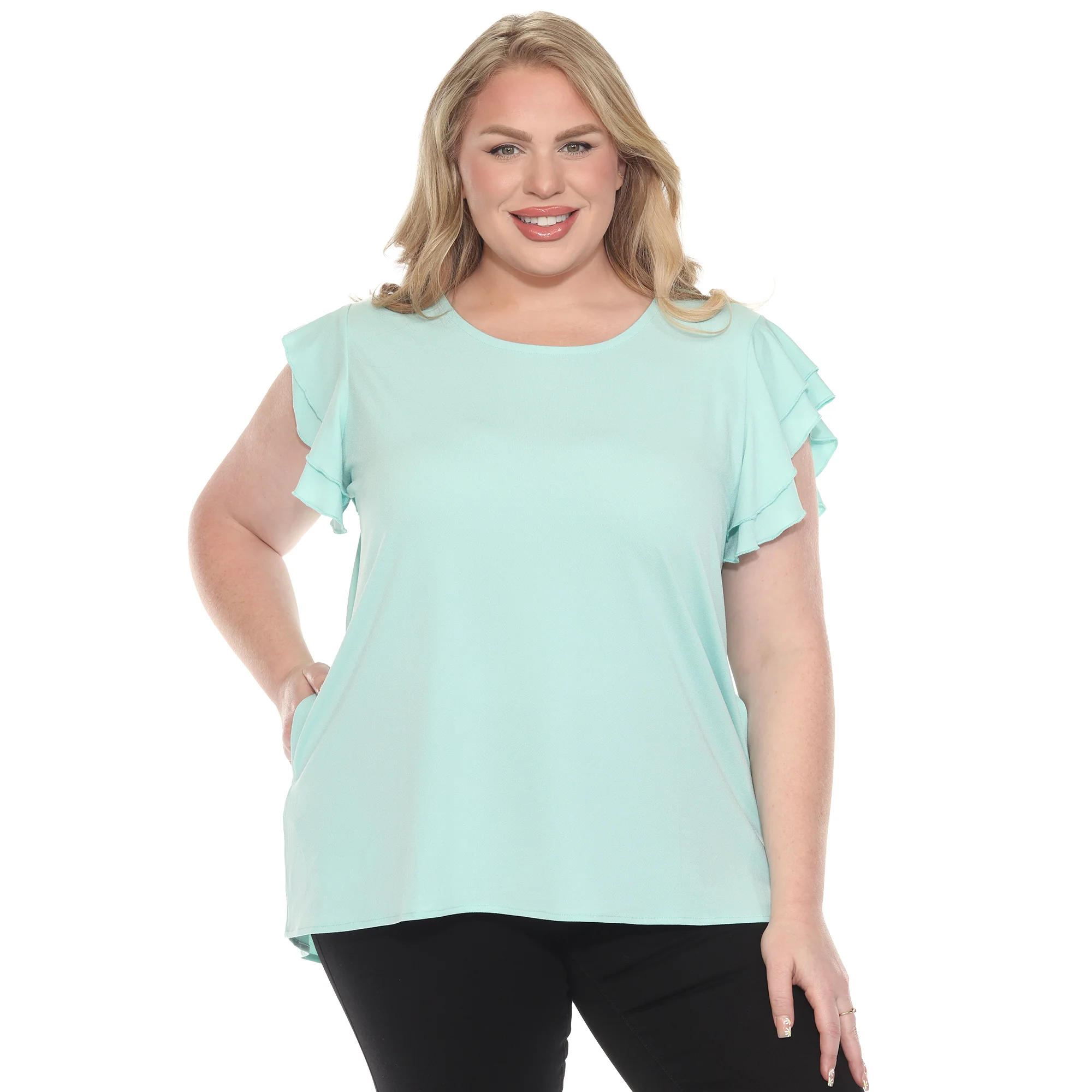 White Mark Women's Ruffle Sleeve Short Sleeve Solid Top - Image 10