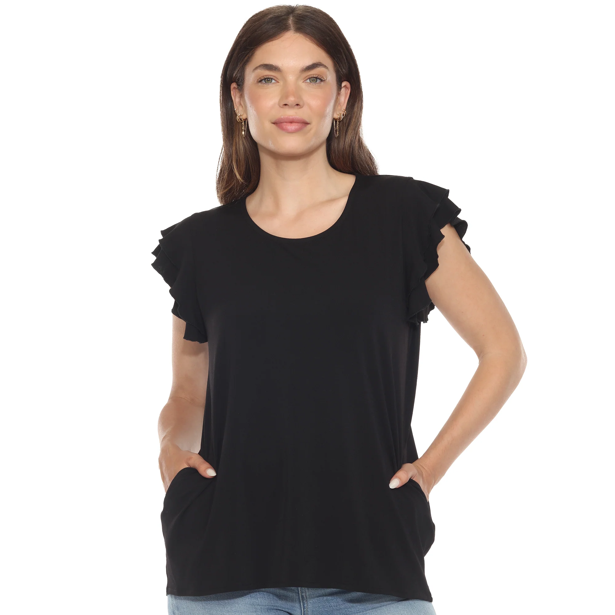White Mark Women's Ruffle Sleeve Short Sleeve Solid Top - Image 2