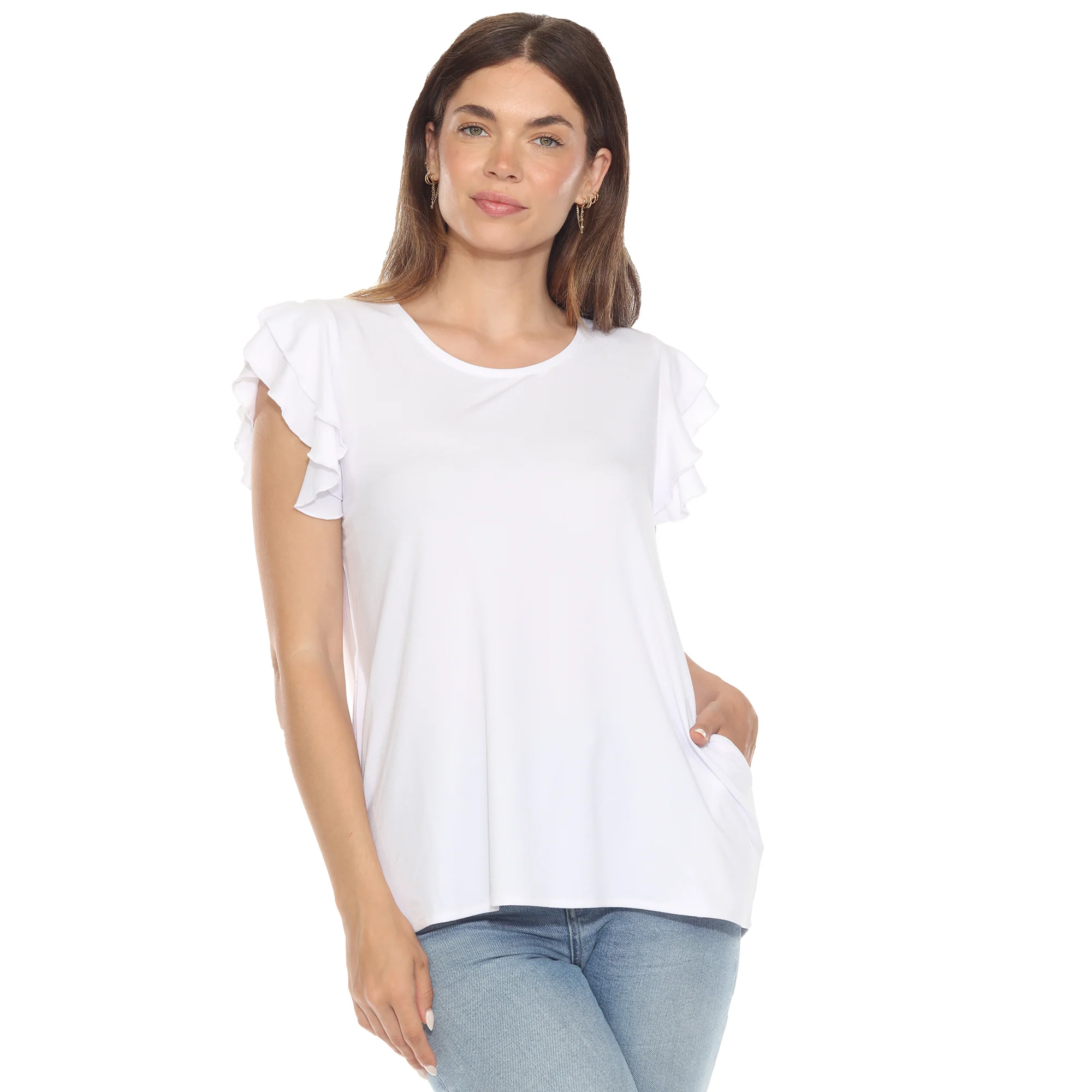 White Mark Women's Ruffle Sleeve Short Sleeve Solid Top - Image 3