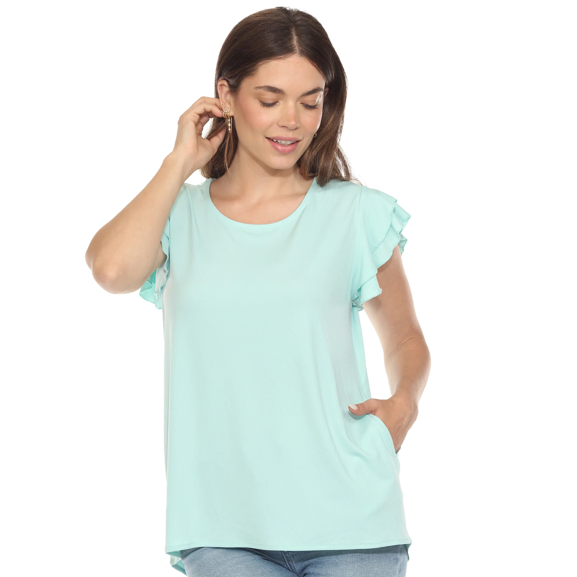 White Mark Women's Ruffle Sleeve Short Sleeve Solid Top - Image 5