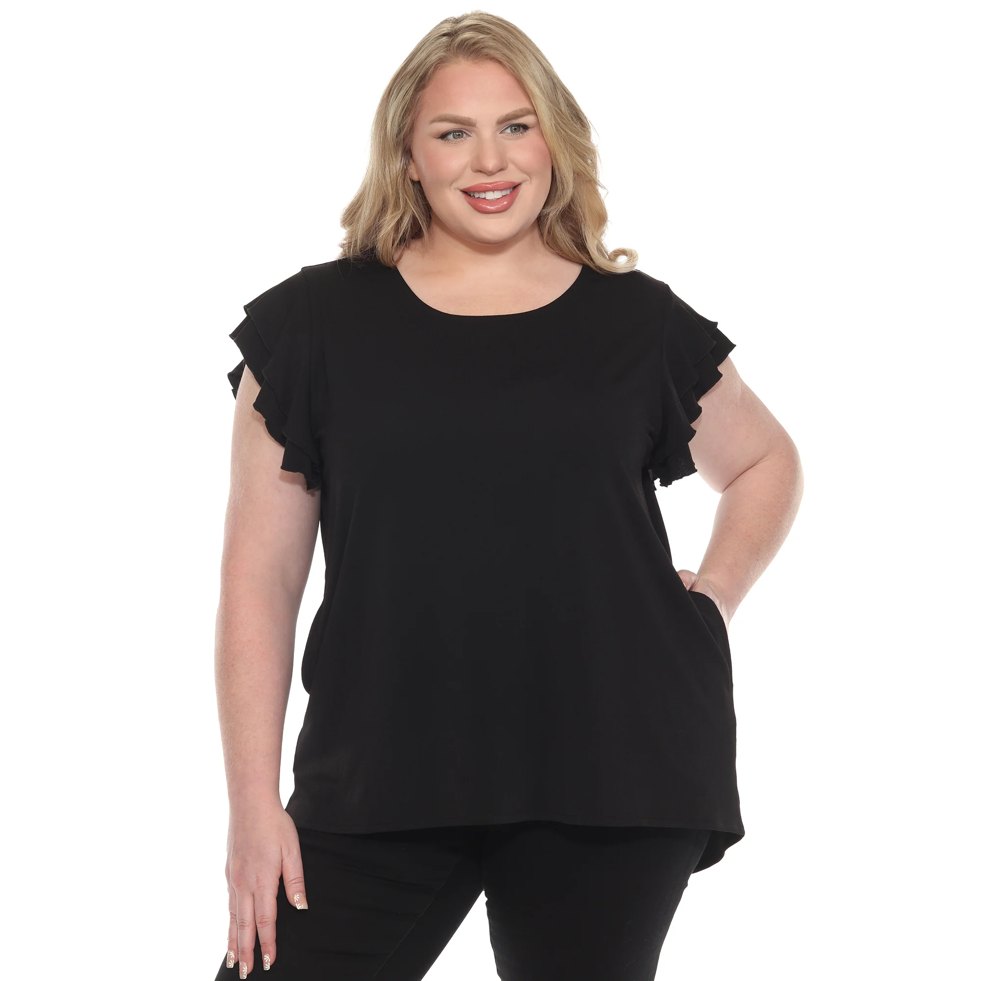 White Mark Women's Ruffle Sleeve Short Sleeve Solid Top - Image 6