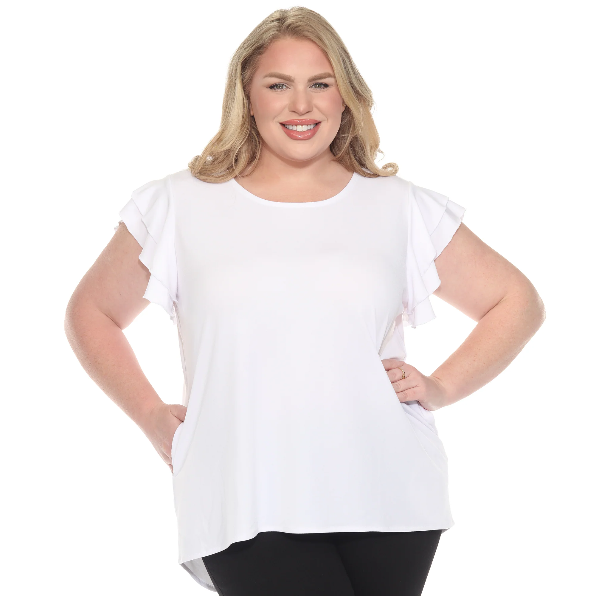 White Mark Women's Ruffle Sleeve Short Sleeve Solid Top - Image 7