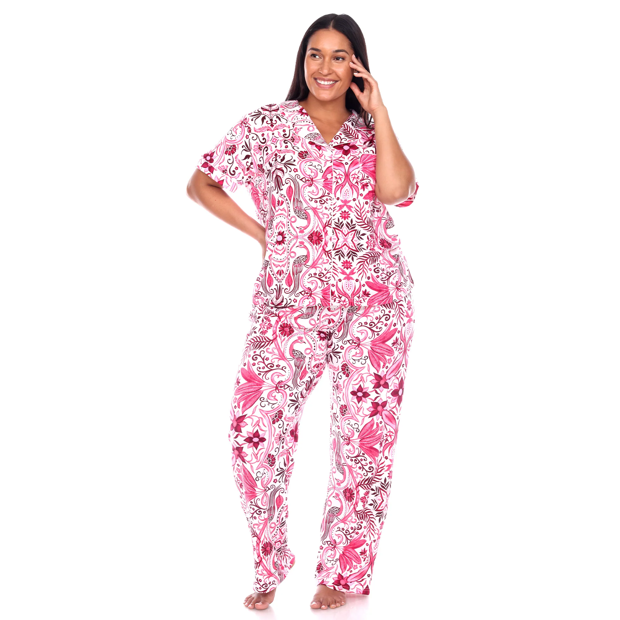 White Mark Women's Short Sleeve & Pants Tropical Pajama Set - Image 10