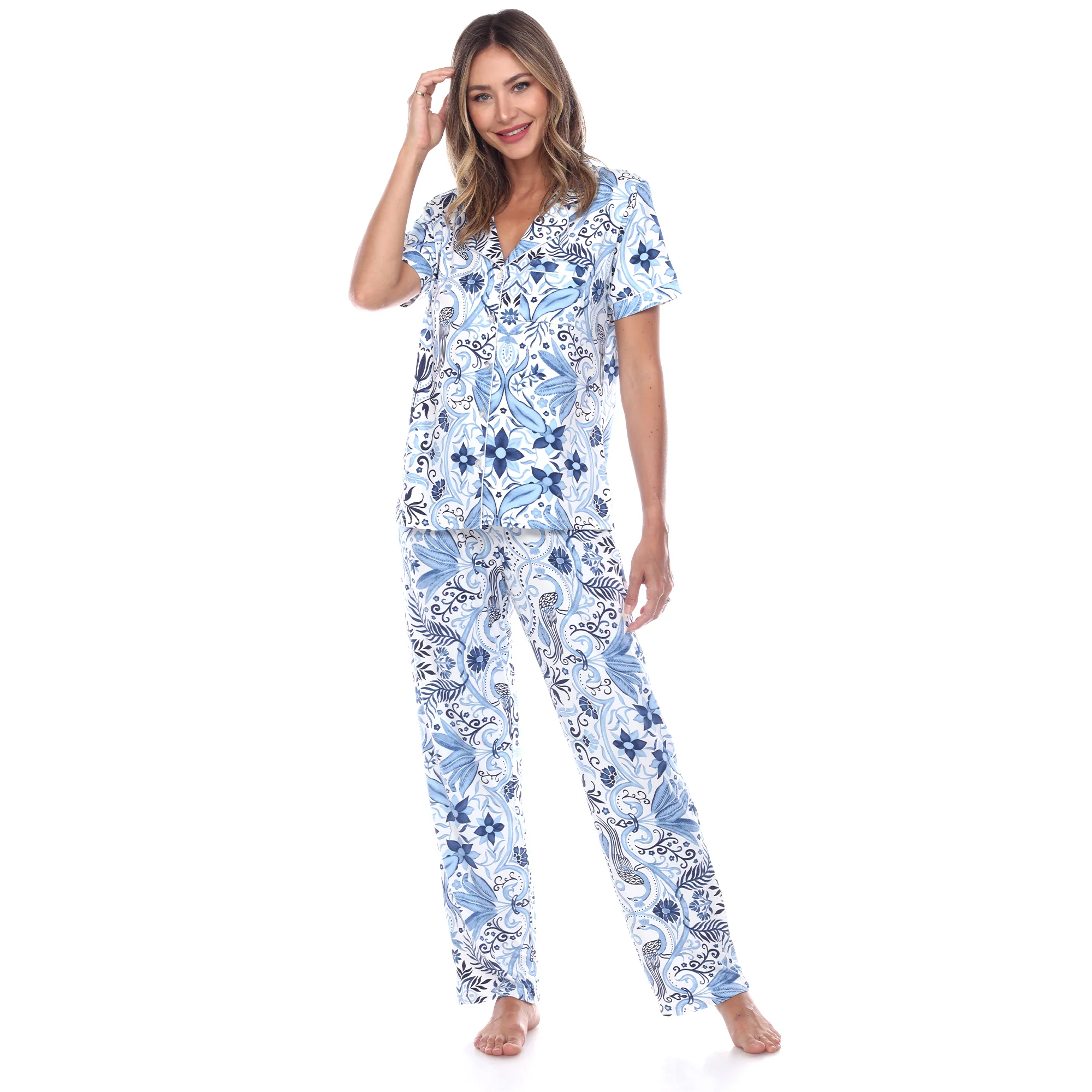 White Mark Women's Short Sleeve & Pants Tropical Pajama Set - Image 3