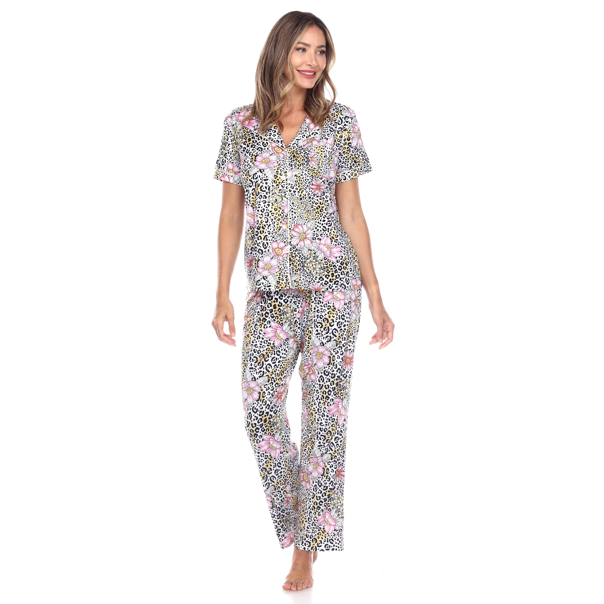 White Mark Women's Short Sleeve & Pants Tropical Pajama Set - Image 4