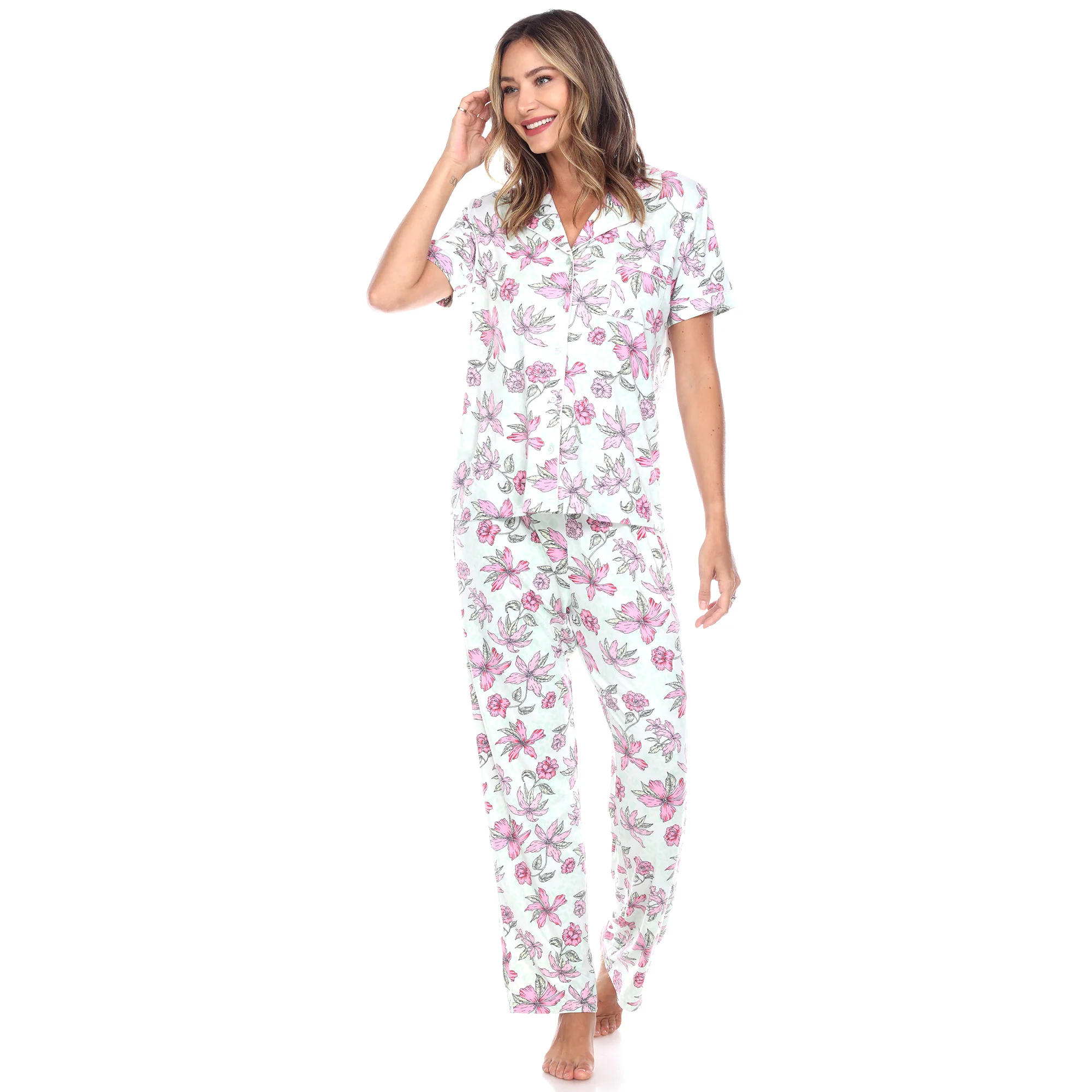 White Mark Women's Short Sleeve & Pants Tropical Pajama Set - Image 5