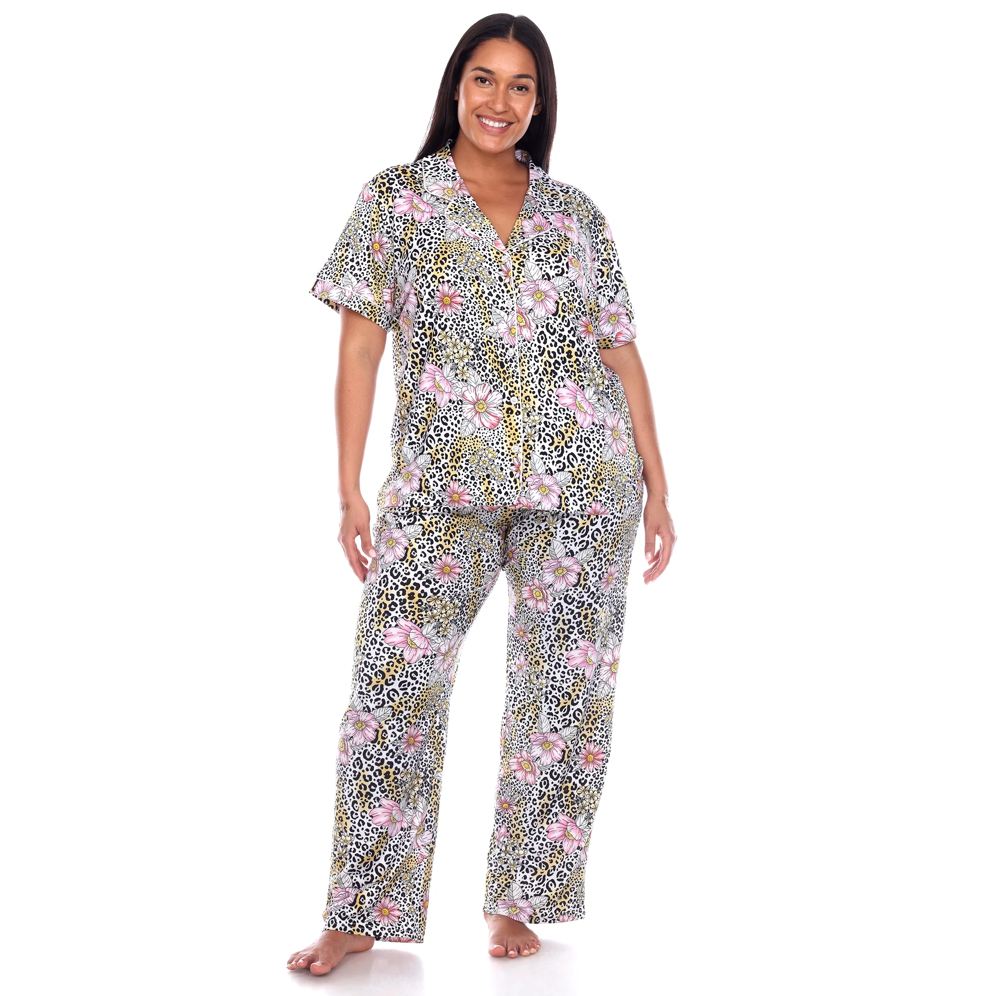White Mark Women's Short Sleeve & Pants Tropical Pajama Set - Image 7