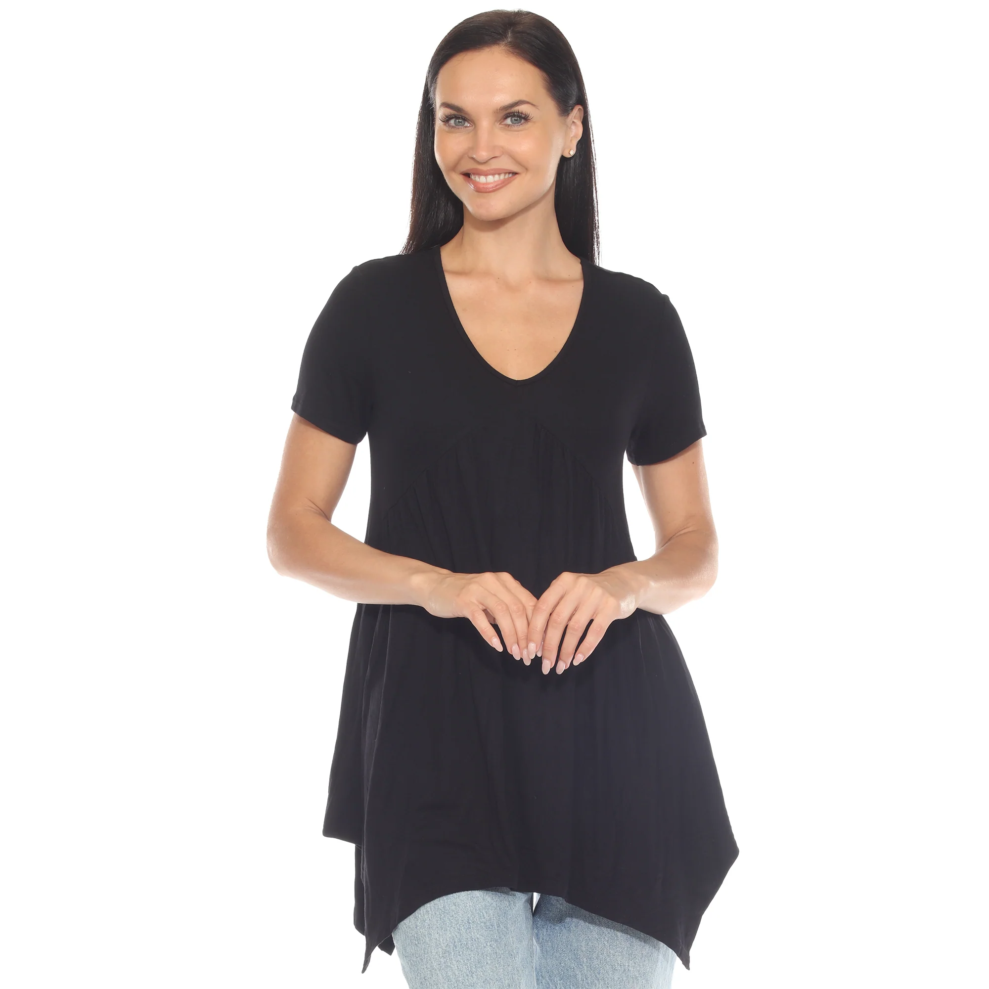 White Mark Women's Short Sleeve Shirred Front Knit Top with Pockets - Image 2