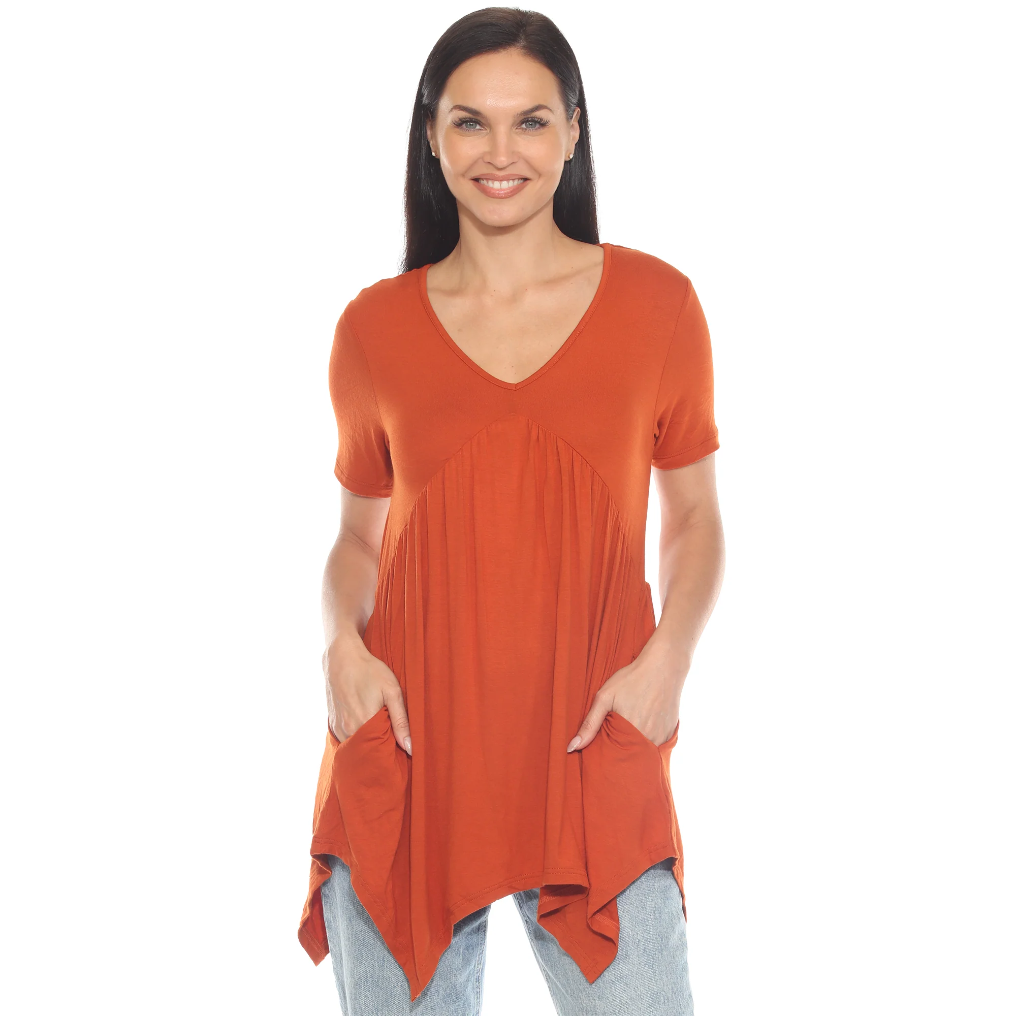White Mark Women's Short Sleeve Shirred Front Knit Top with Pockets - Image 4