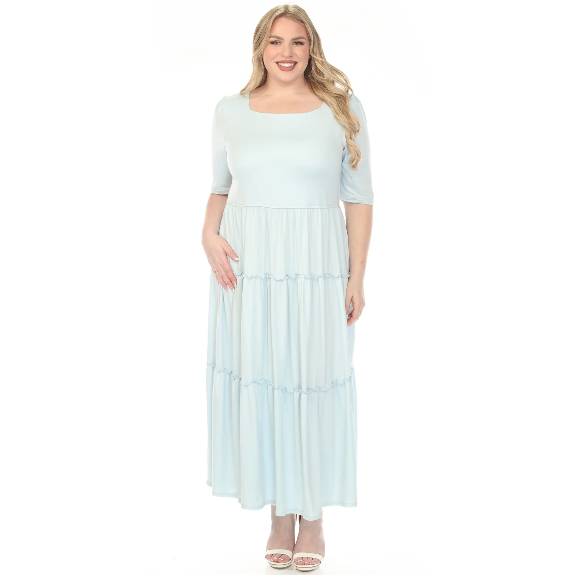 White Mark Women's Square Neck Short Sleeve Tiered Dress - Image 2