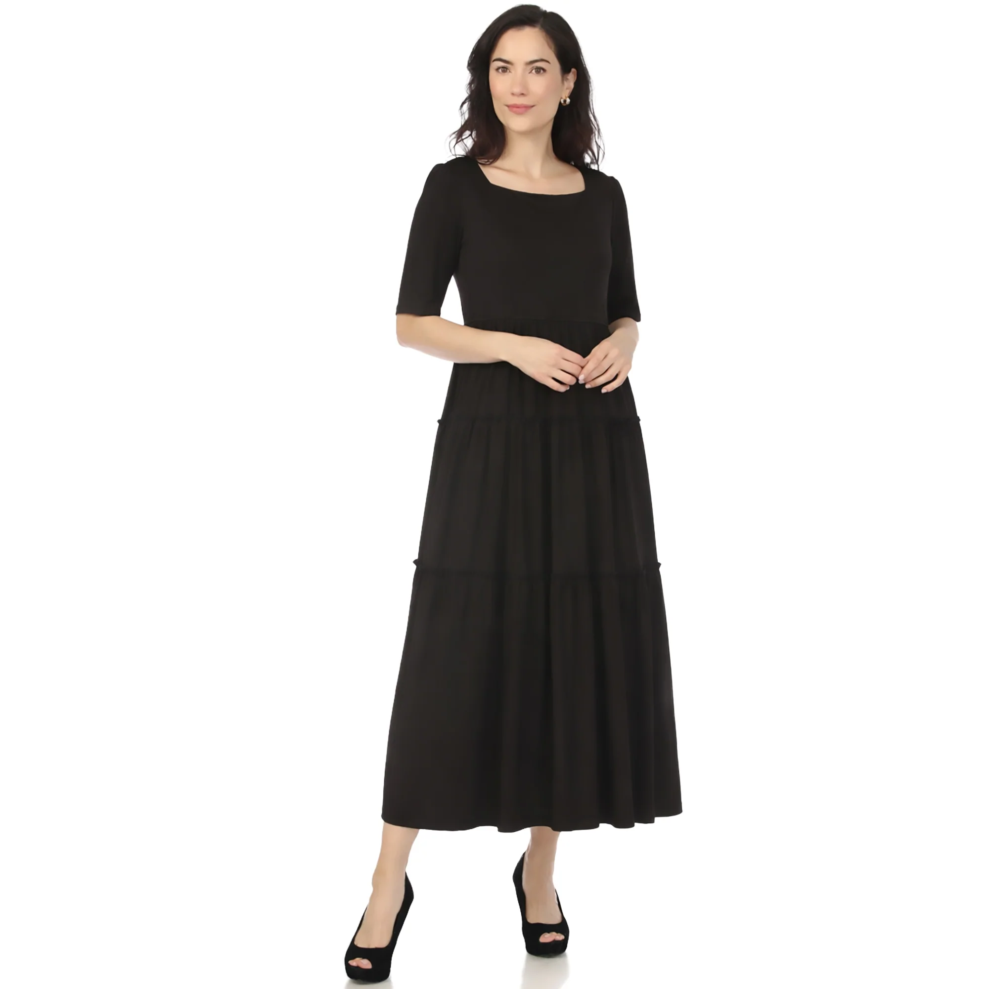 White Mark Women's Square Neck Short Sleeve Tiered Dress - Image 3