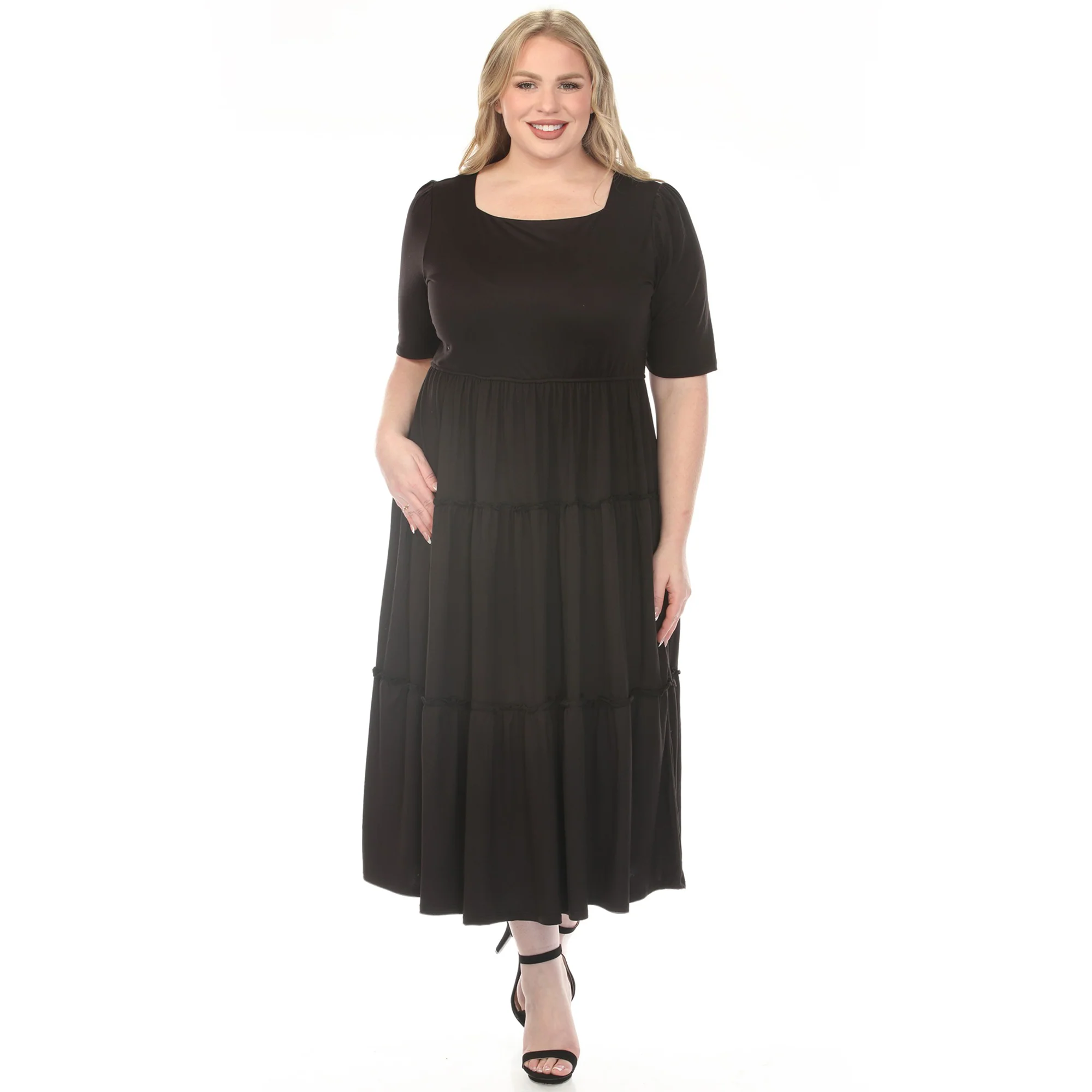 White Mark Women's Square Neck Short Sleeve Tiered Dress - Image 4