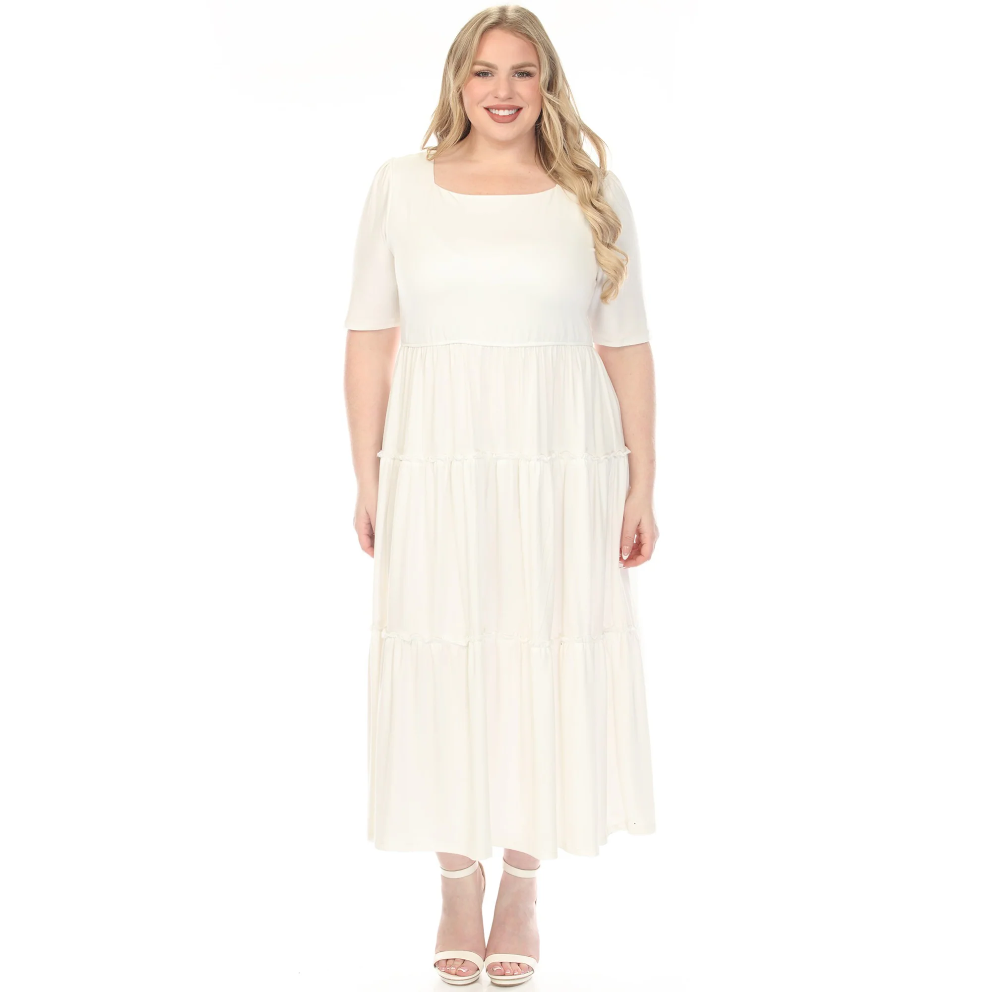 White Mark Women's Square Neck Short Sleeve Tiered Dress - Image 6