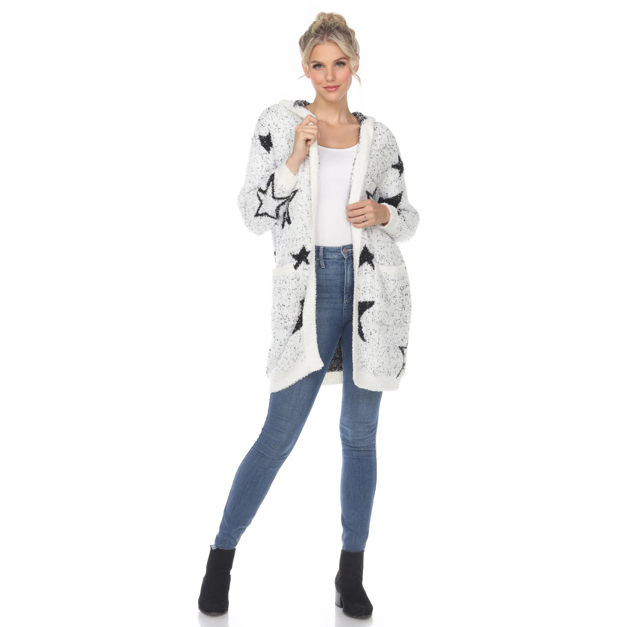 White Mark Women's Stars Hooded Open Front Sherpa Coat - Image 3