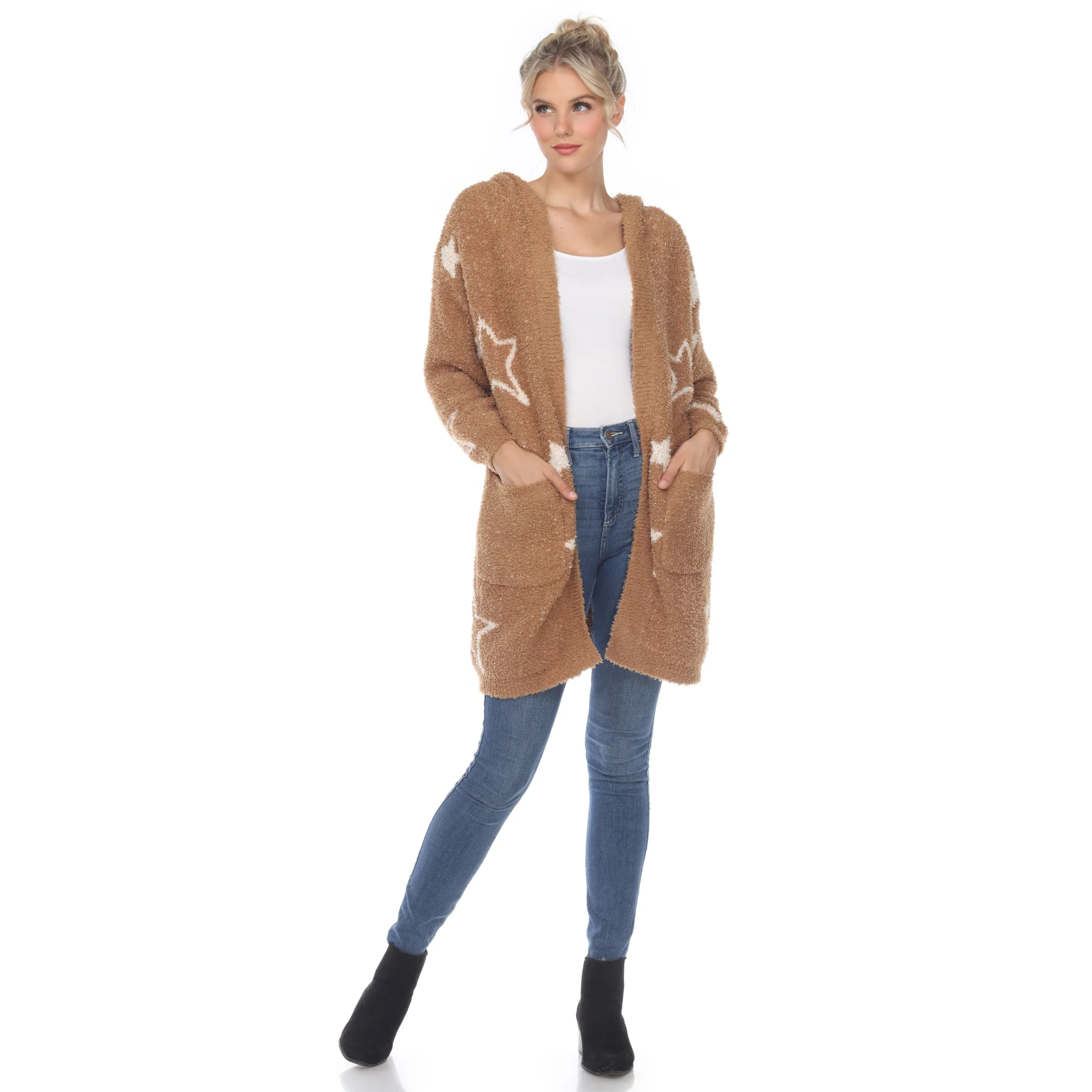 White Mark Women's Stars Hooded Open Front Sherpa Coat - Image 4
