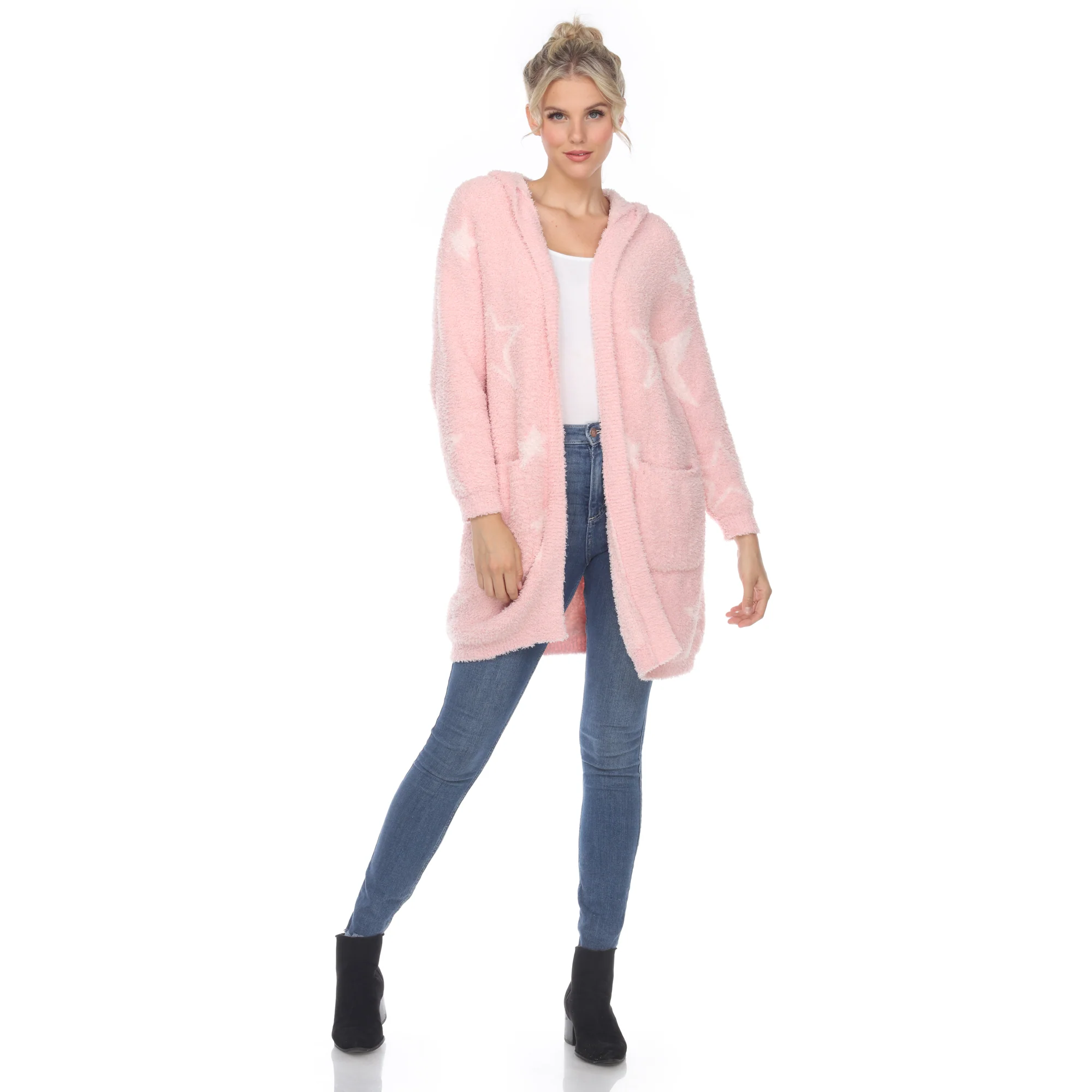 White Mark Women's Stars Hooded Open Front Sherpa Coat - Image 5