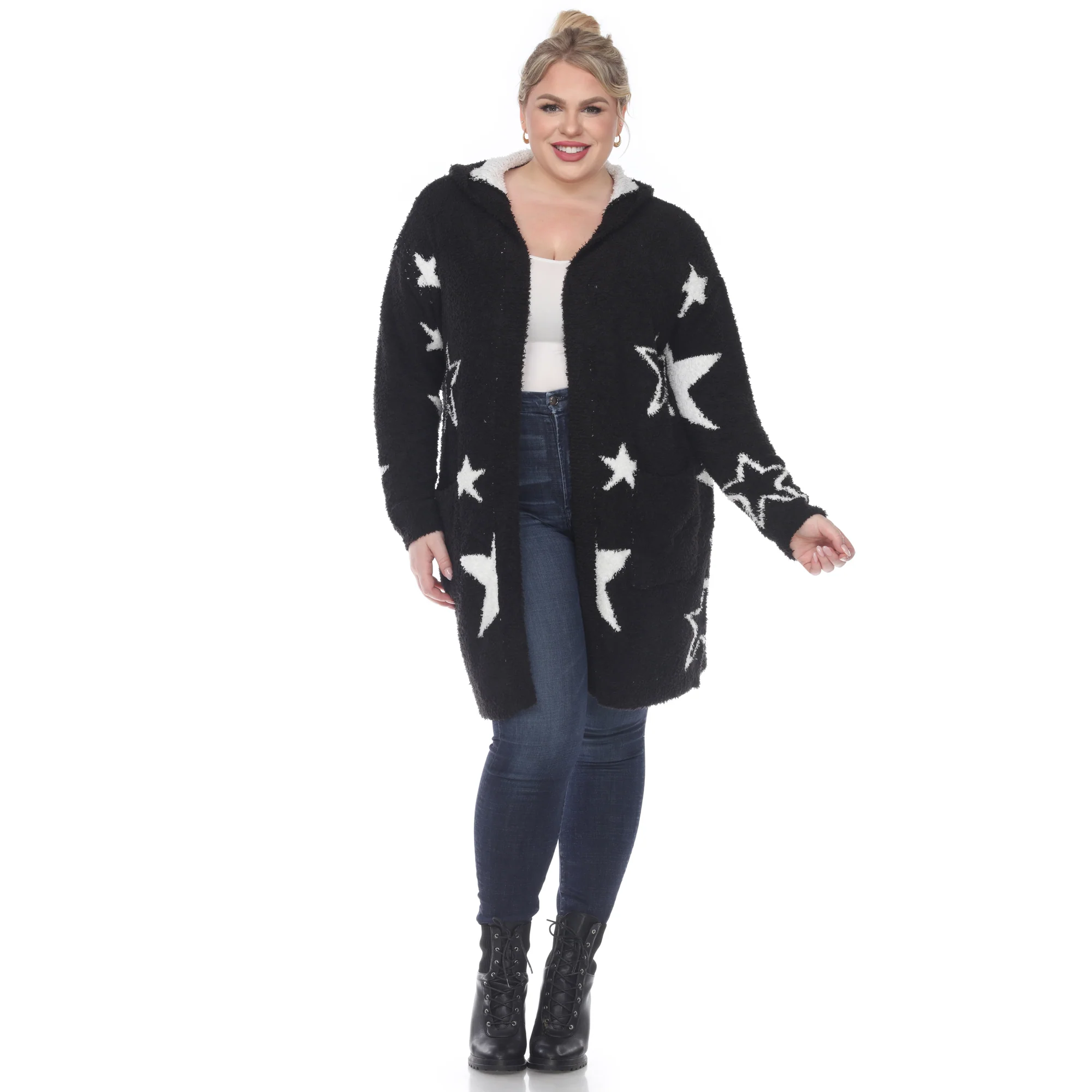 White Mark Women's Stars Hooded Open Front Sherpa Coat - Image 6