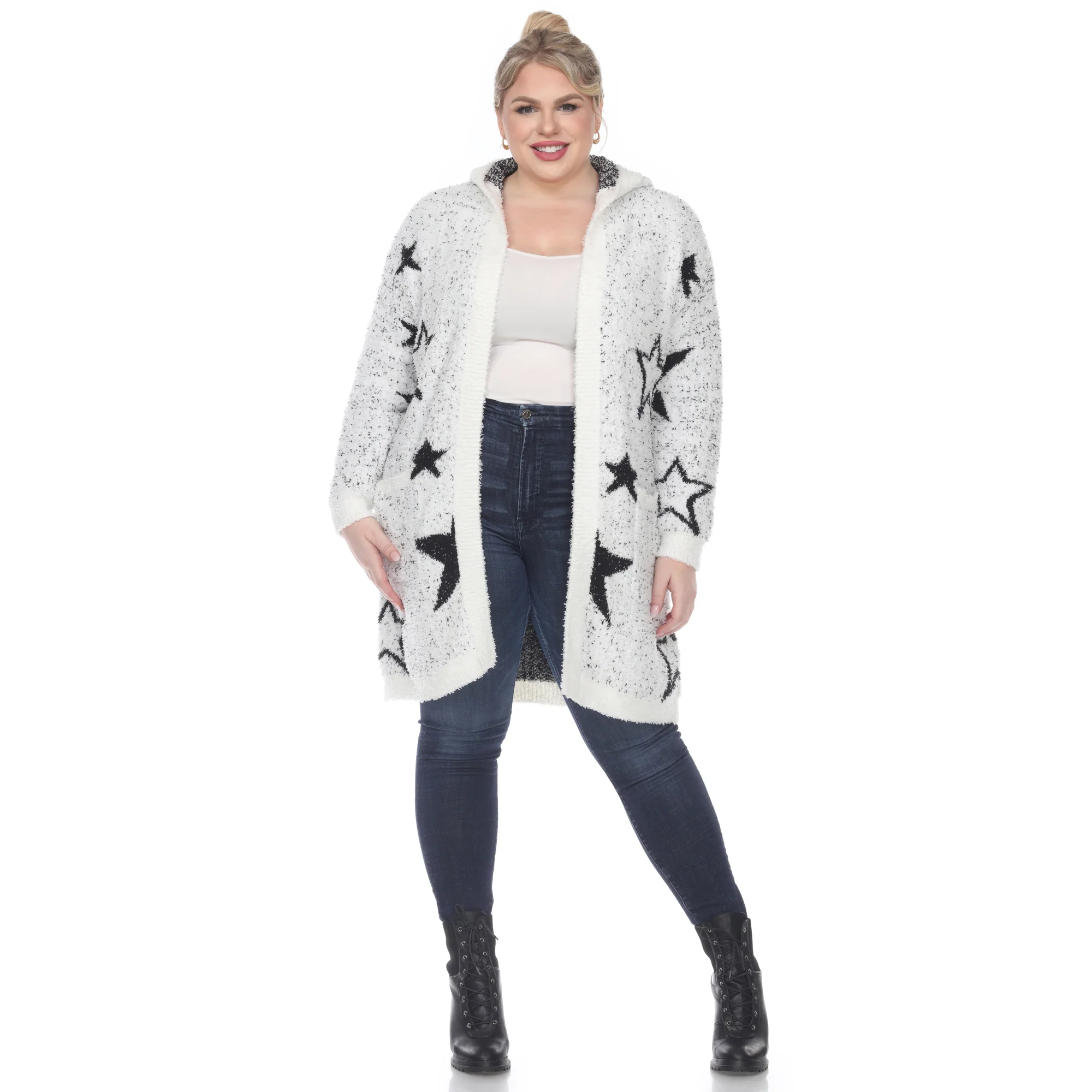 White Mark Women's Stars Hooded Open Front Sherpa Coat - Image 8