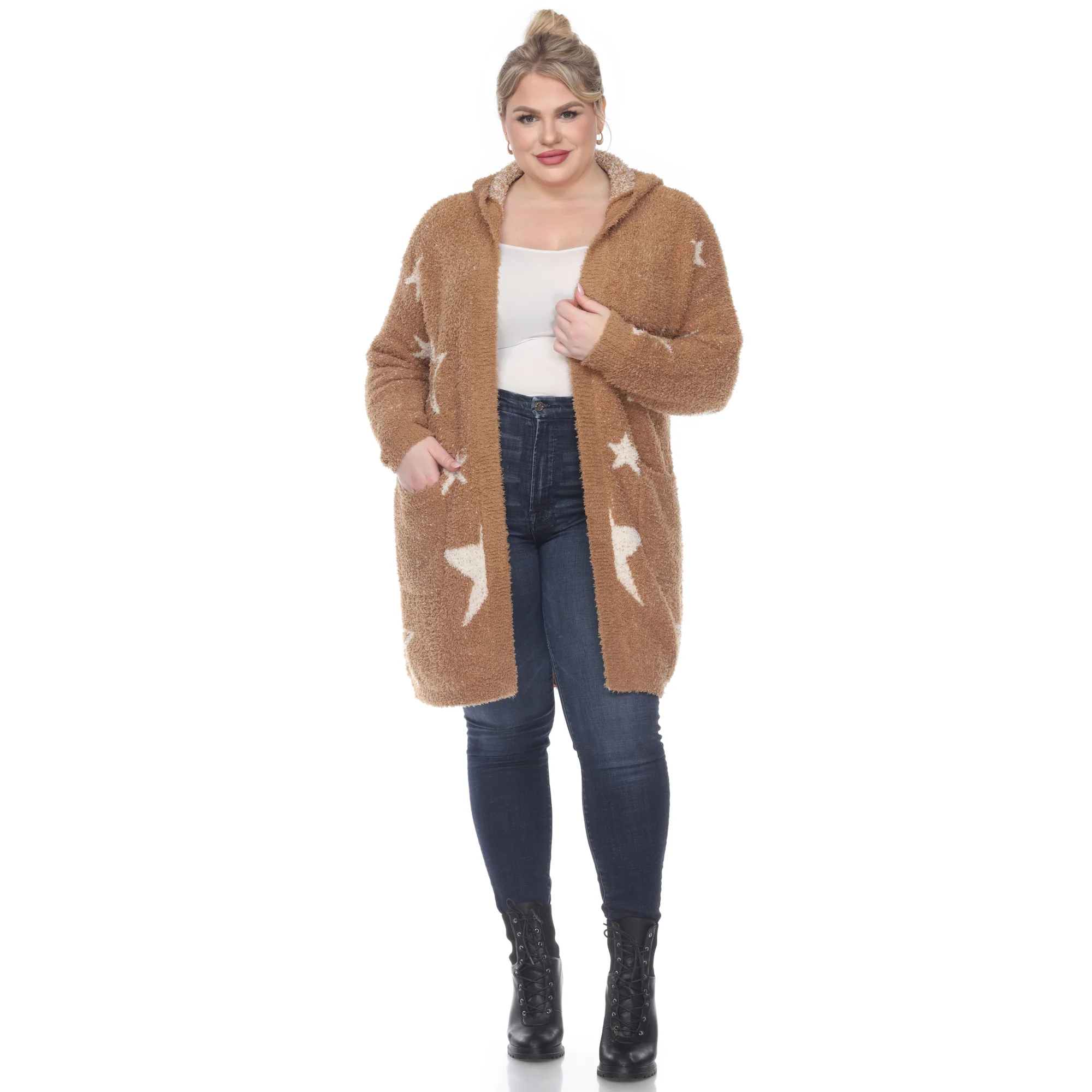 White Mark Women's Stars Hooded Open Front Sherpa Coat - Image 9