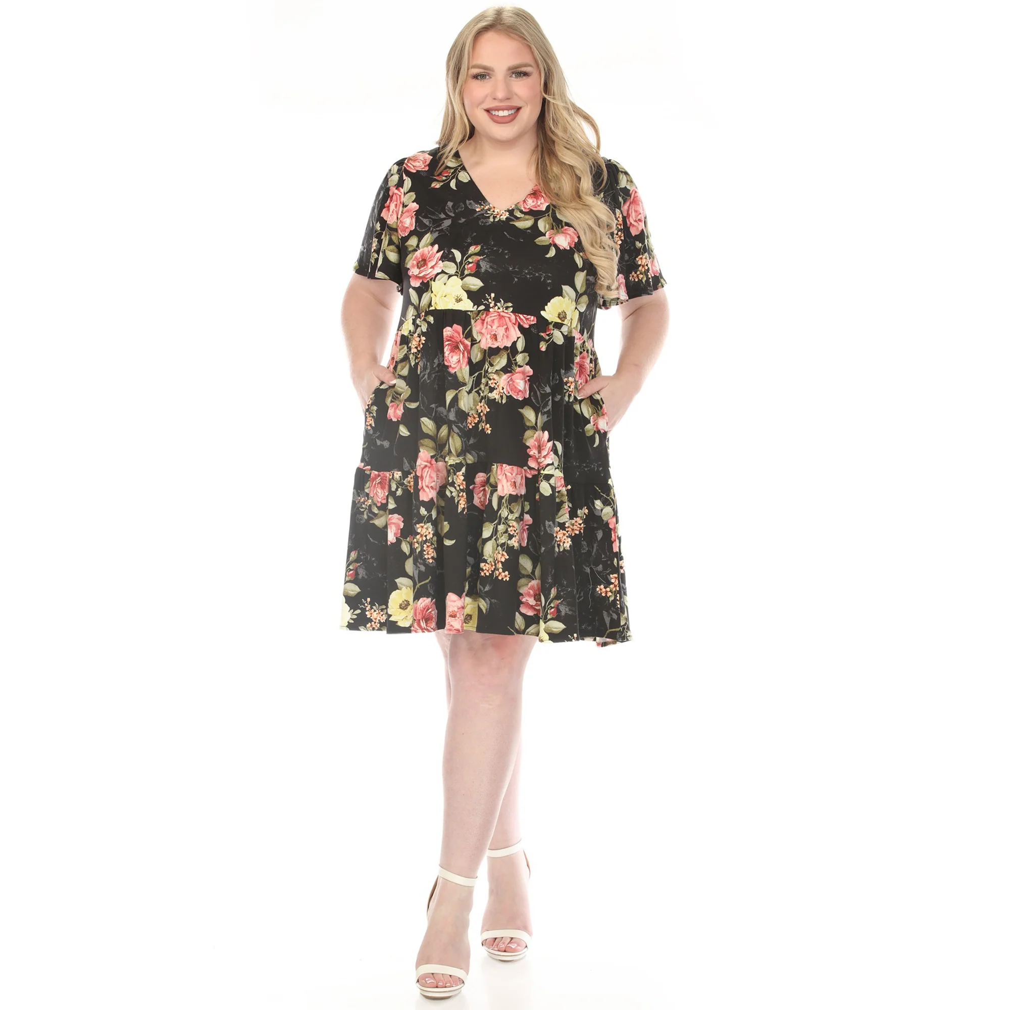 White Mark Women's V-Neck Tropical Flower Short Sleeve Dress - Image 2